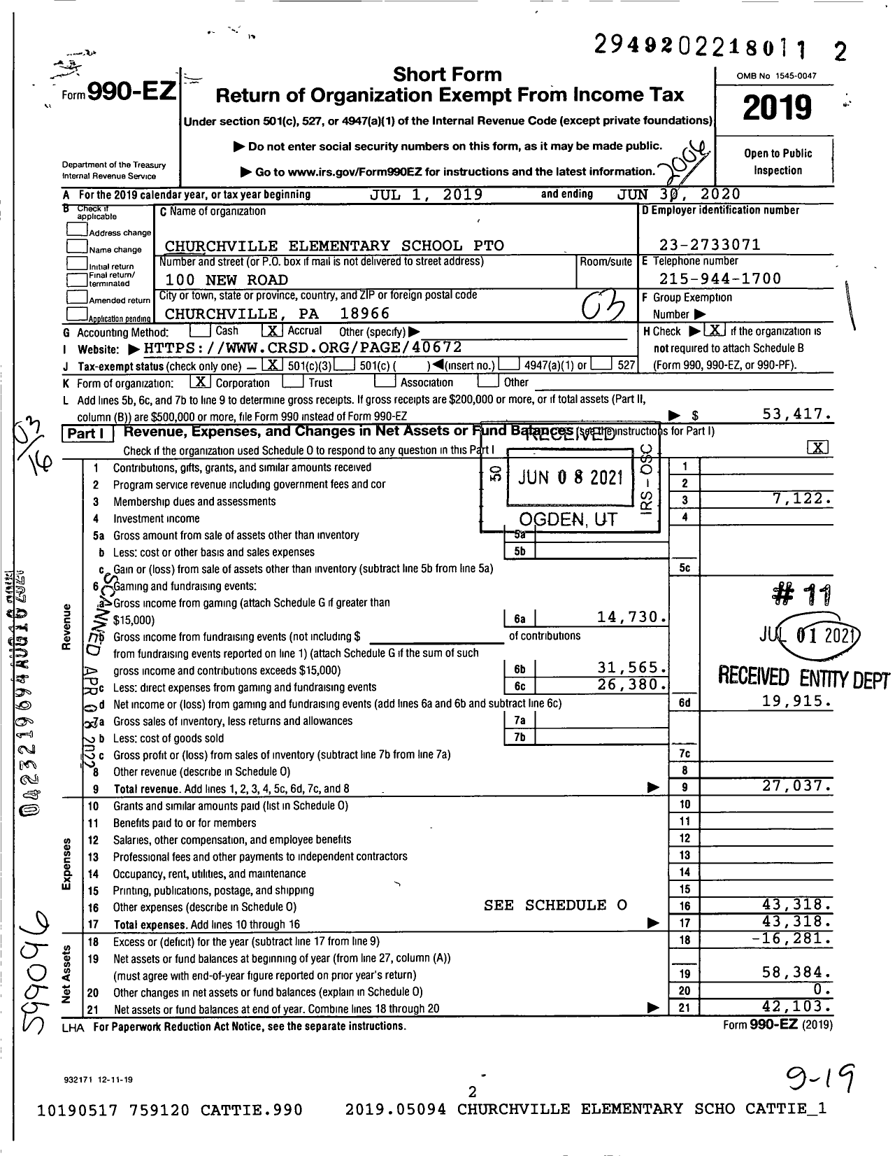 Image of first page of 2019 Form 990EZ for Churchville Elementary School Parent Teacher Organization