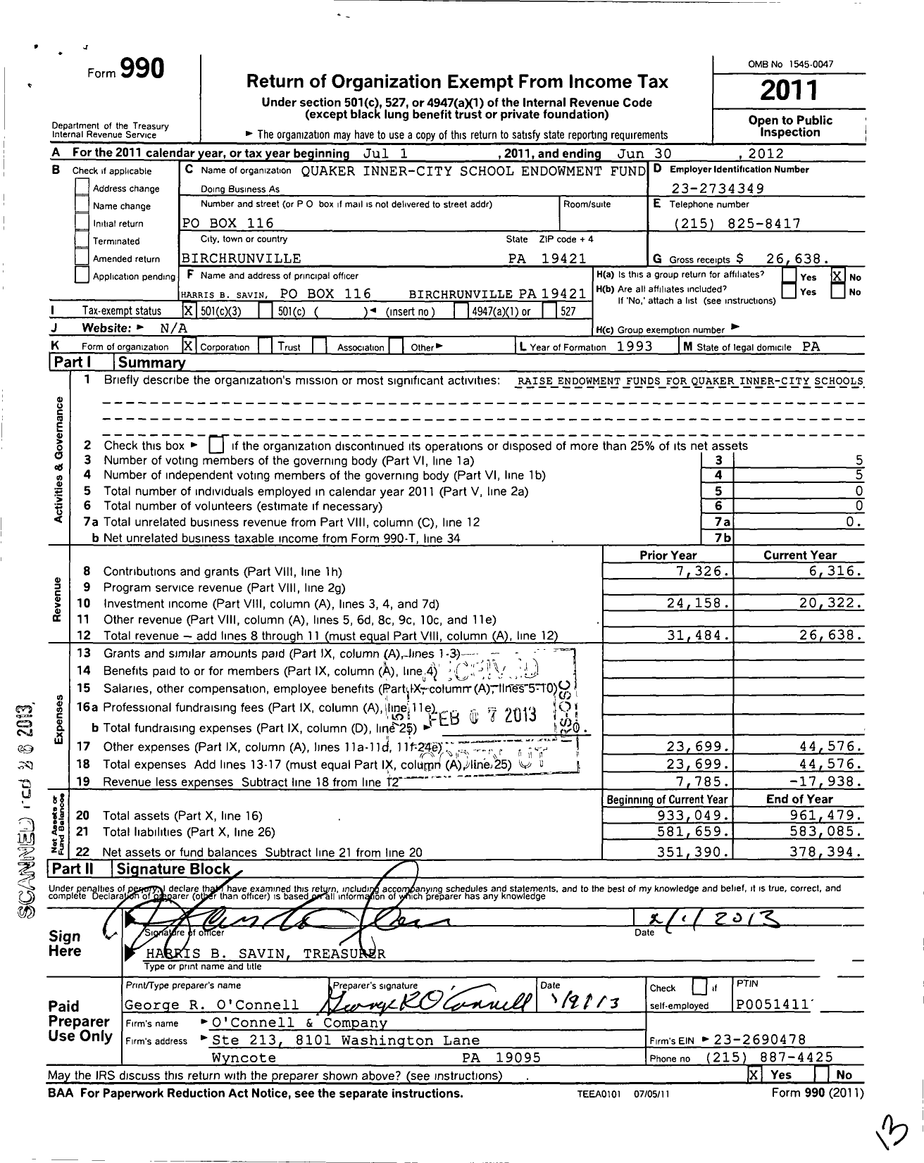 Image of first page of 2011 Form 990 for Quaker Inner-City School Endowment Fund