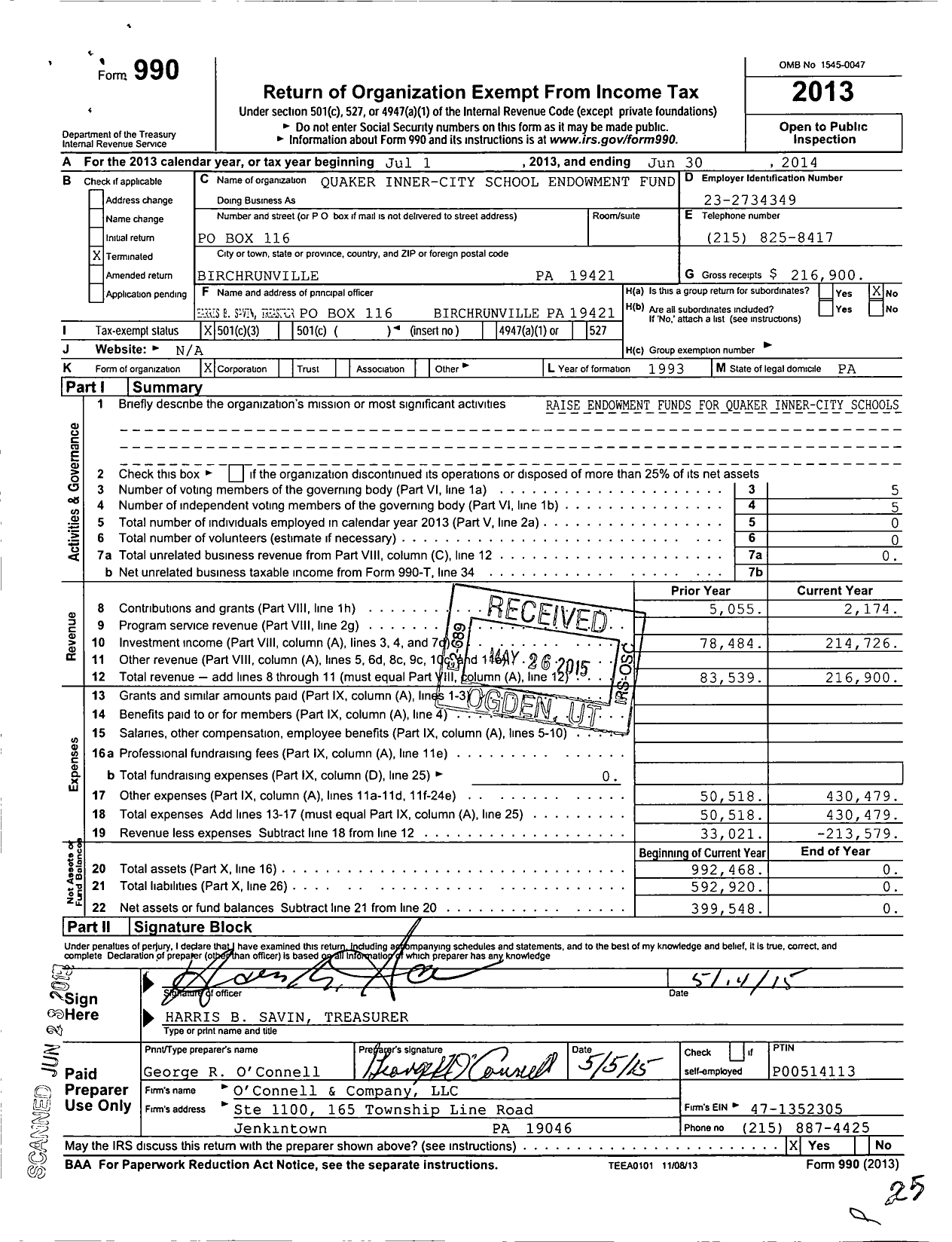 Image of first page of 2013 Form 990 for Quaker Inner-City School Endowment Fund