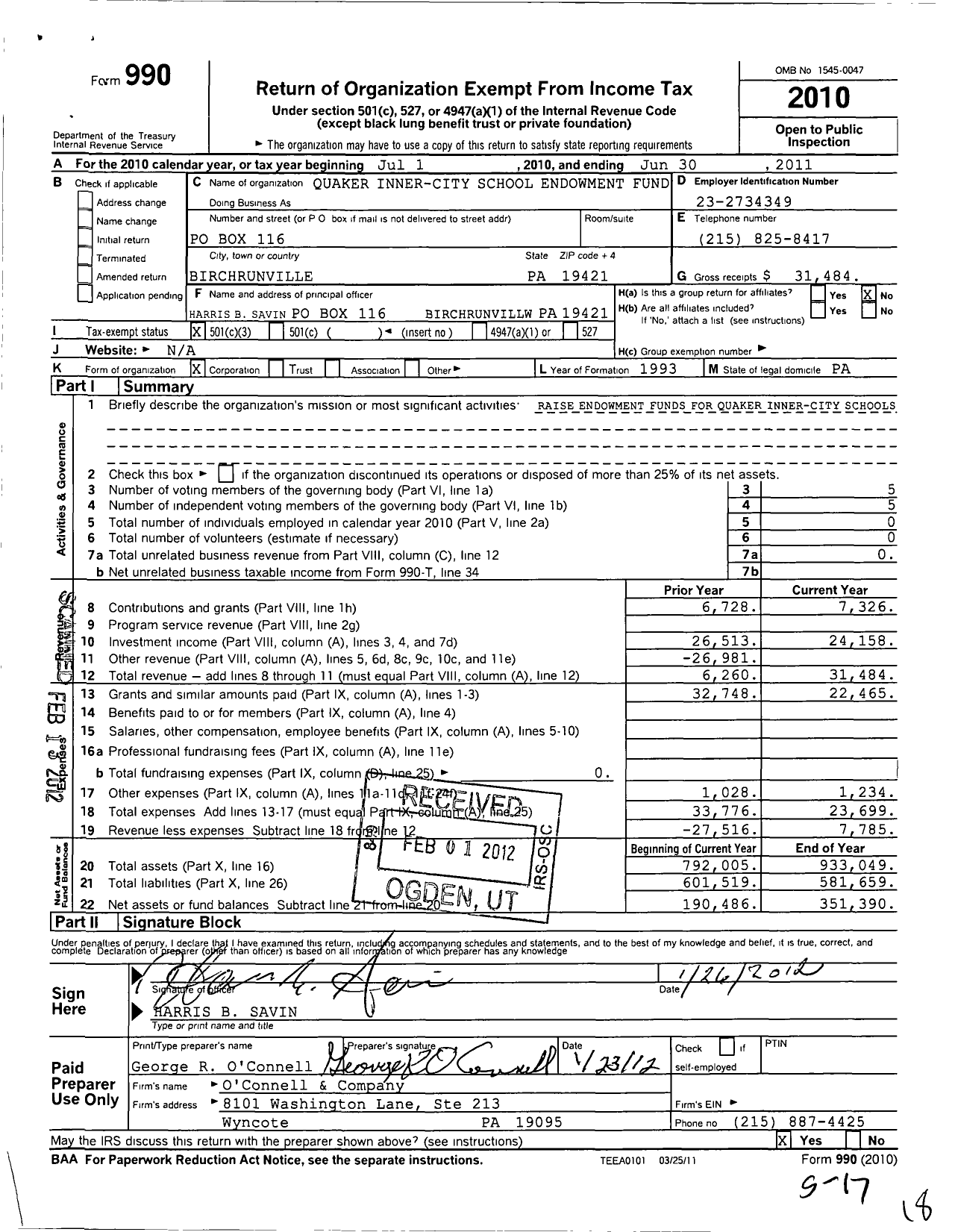 Image of first page of 2010 Form 990 for Quaker Inner-City School Endowment Fund