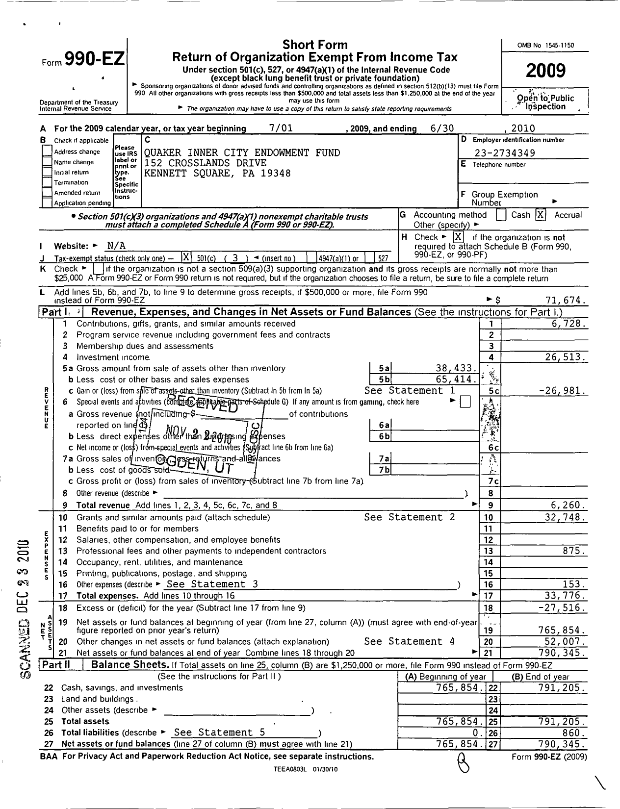 Image of first page of 2009 Form 990EZ for Quaker Inner-City School Endowment Fund