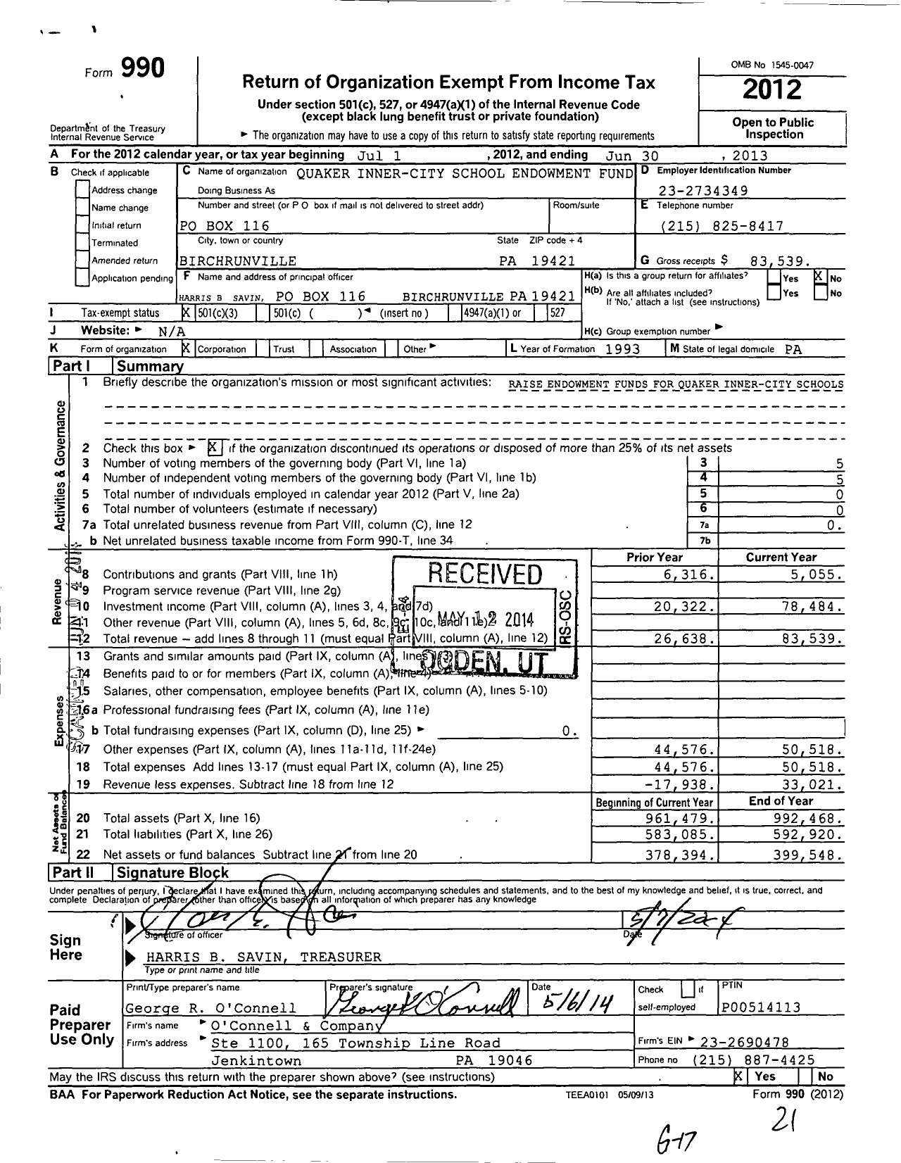 Image of first page of 2012 Form 990 for Quaker Inner-City School Endowment Fund