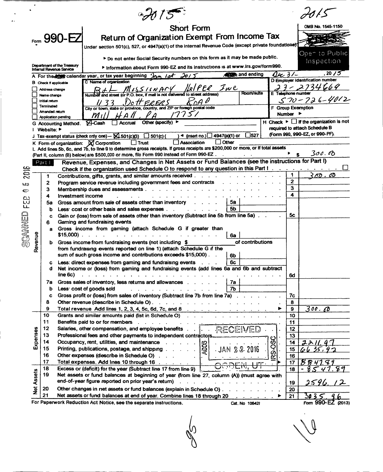 Image of first page of 2015 Form 990EZ for B&L Missionary Helper