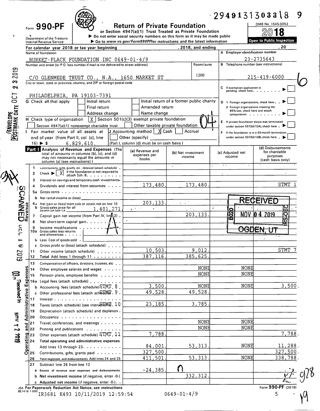 Image of first page of 2018 Form 990PF for Burket-Plack Foundation 0649-01-49