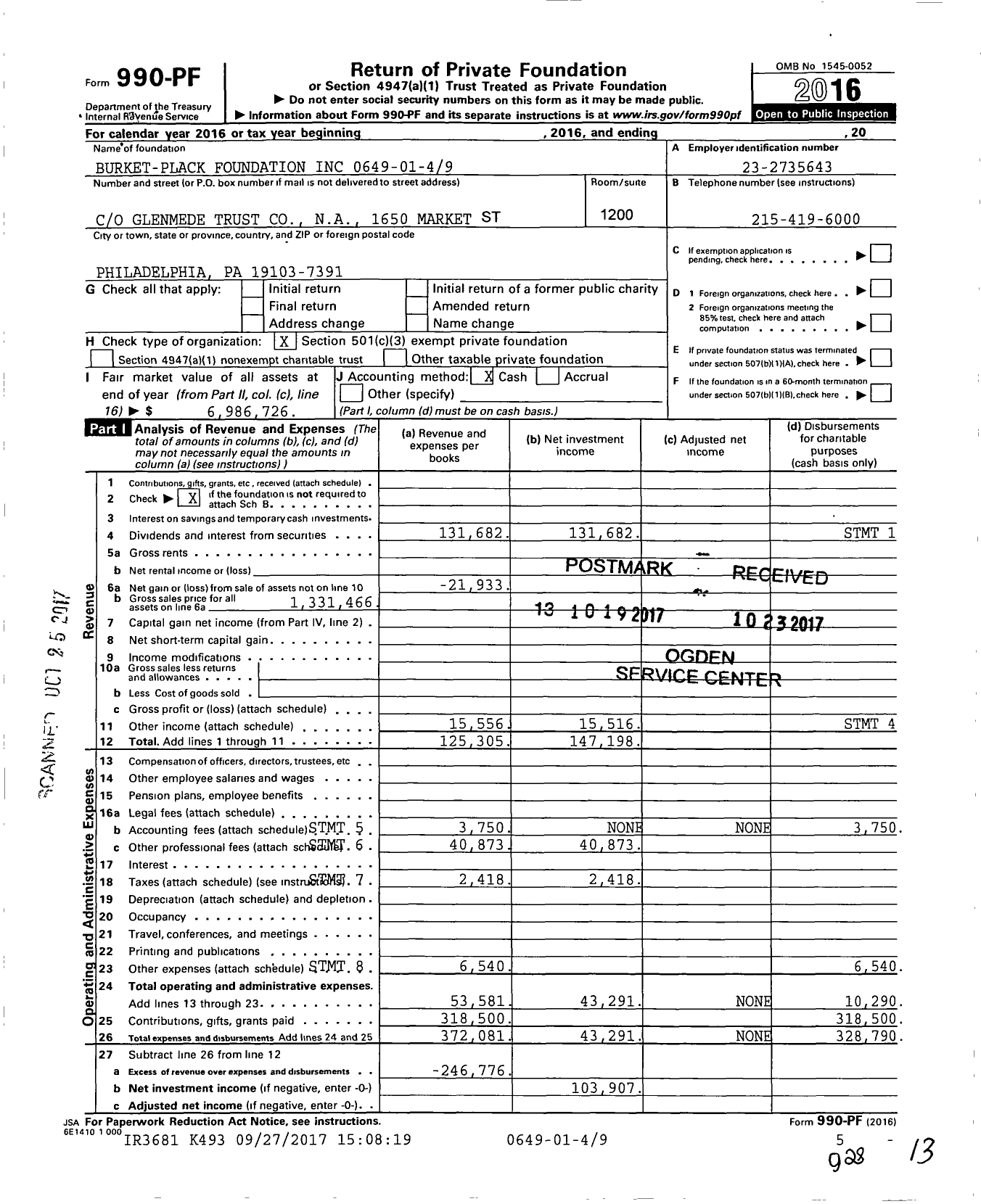 Image of first page of 2016 Form 990PF for Burket-Plack Foundation 0649-01-49