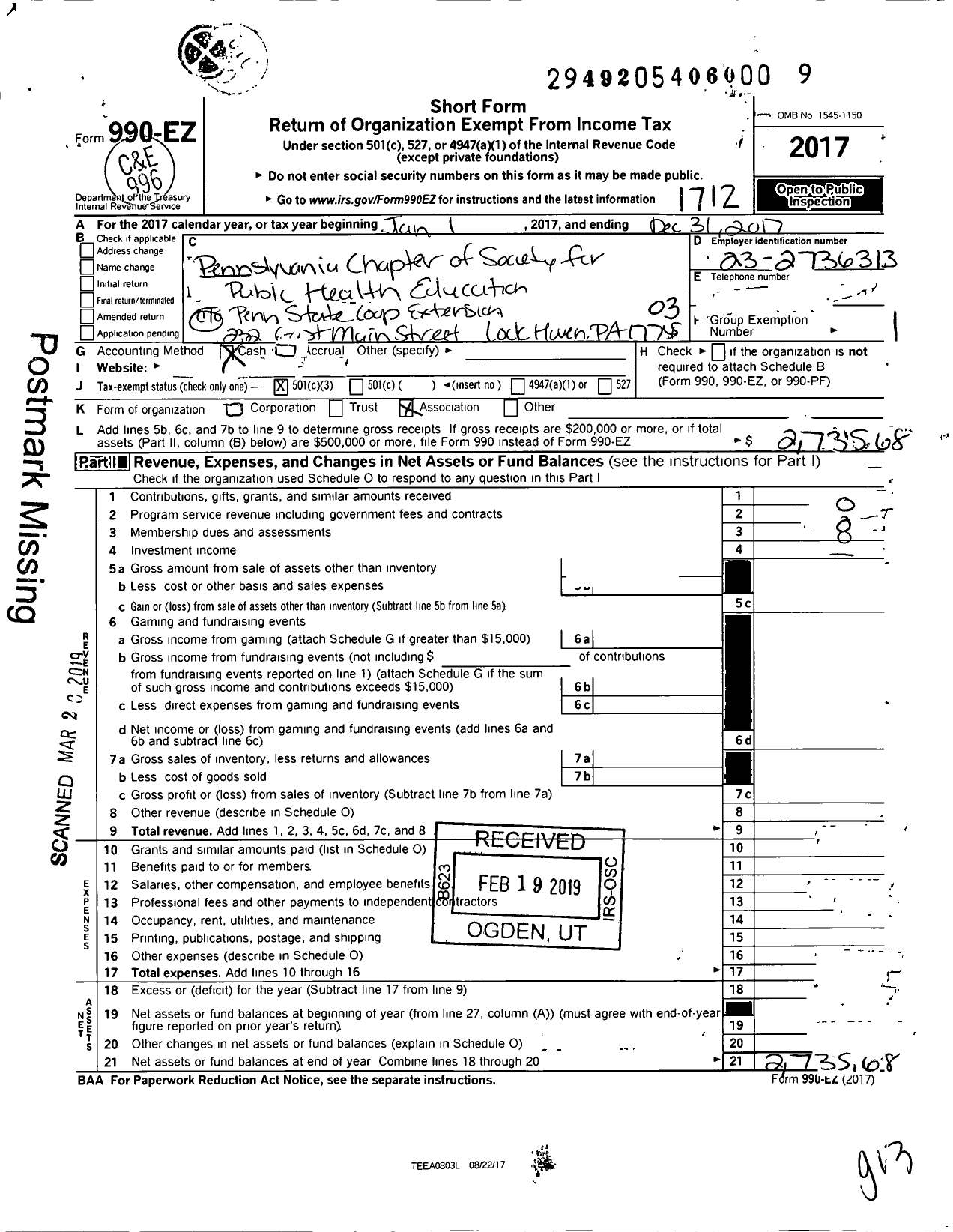 Image of first page of 2017 Form 990EZ for Pennsylvania Chapter of the Society for Public Health Education