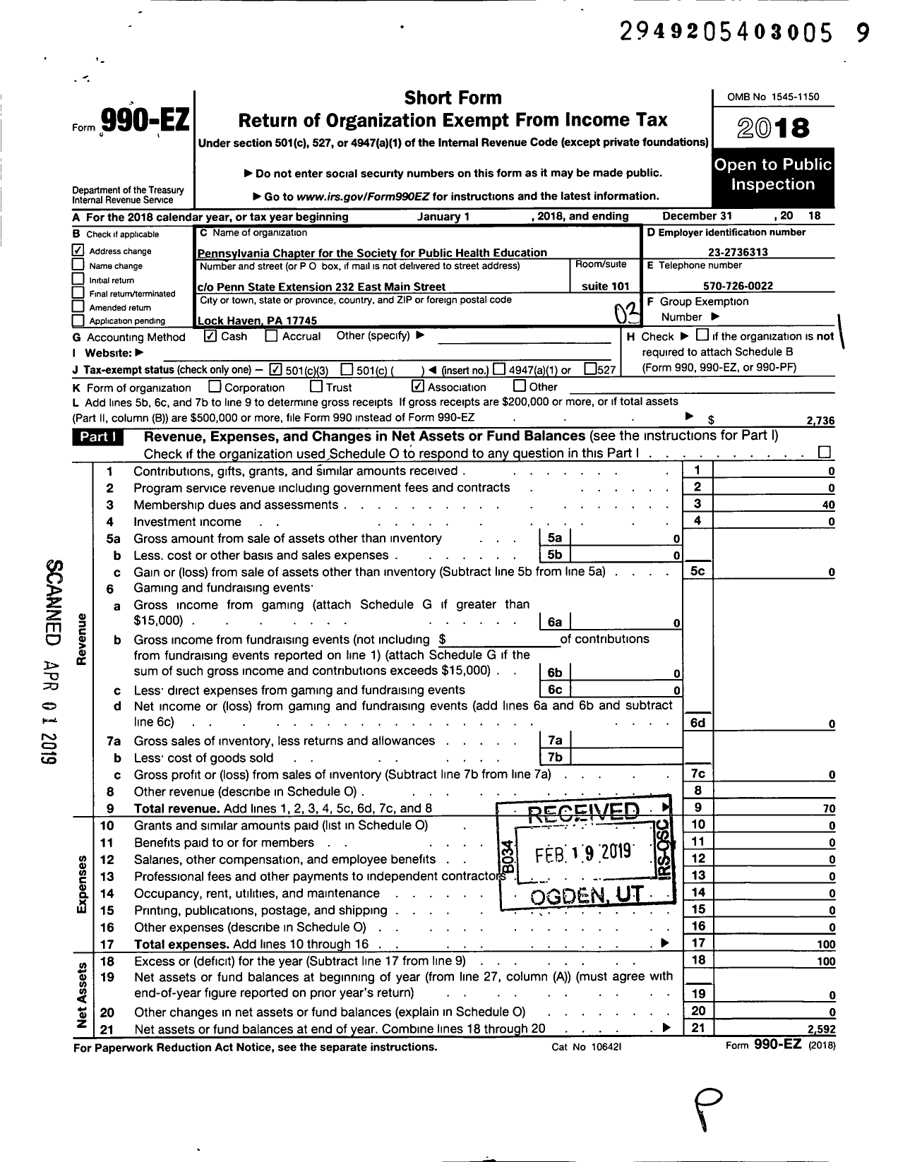 Image of first page of 2018 Form 990EZ for Pennsylvania Chapter of the Society for Public Health Education