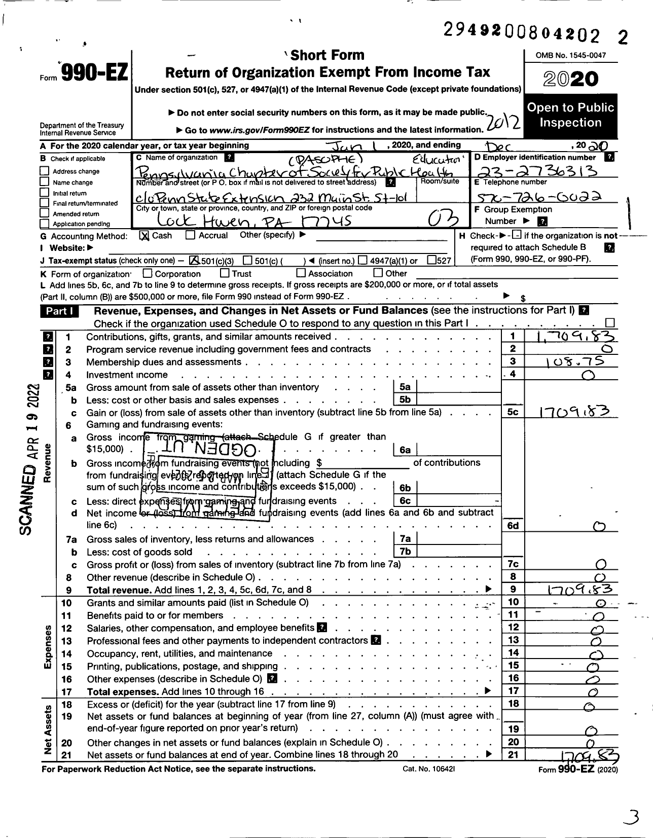 Image of first page of 2020 Form 990EZ for Pennsylvania Chapter of the Society for Public Health Education