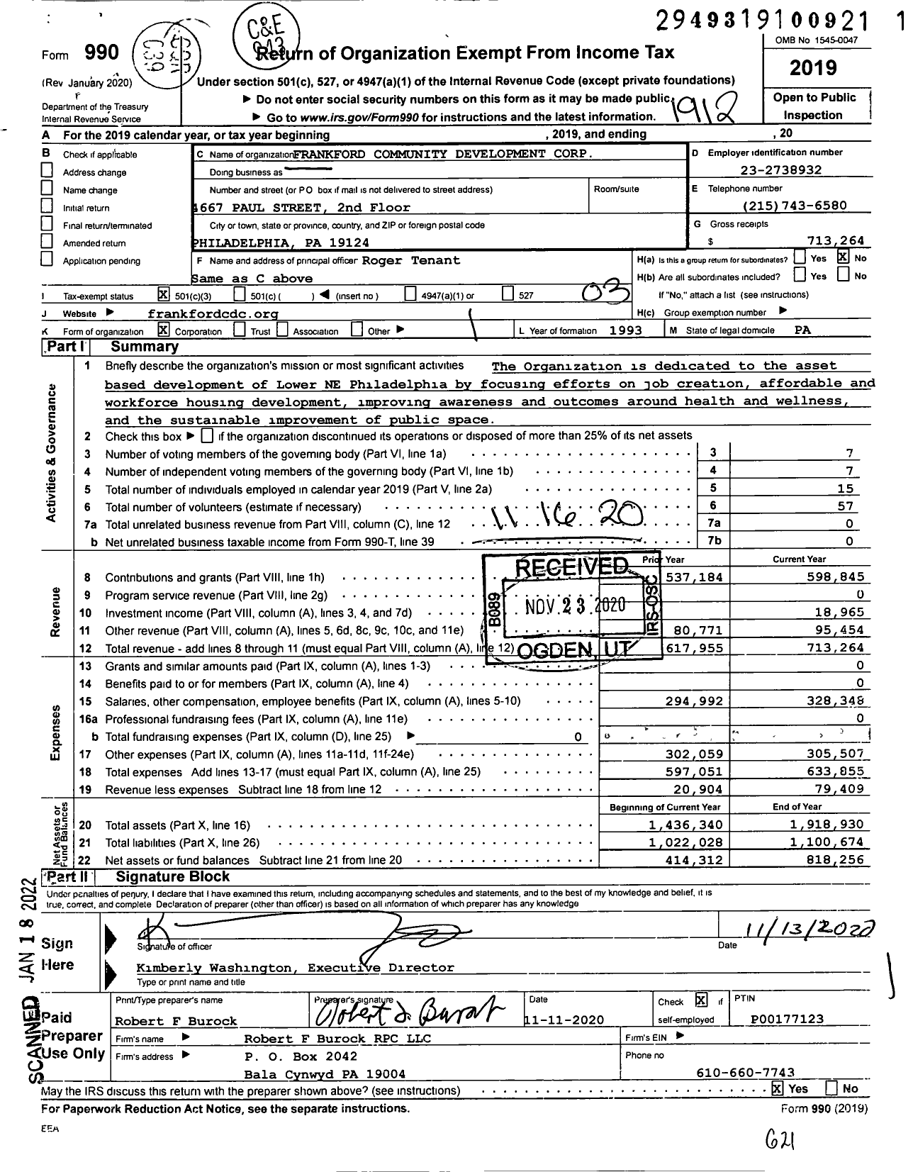 Image of first page of 2019 Form 990 for Frankford Community Development Corporation