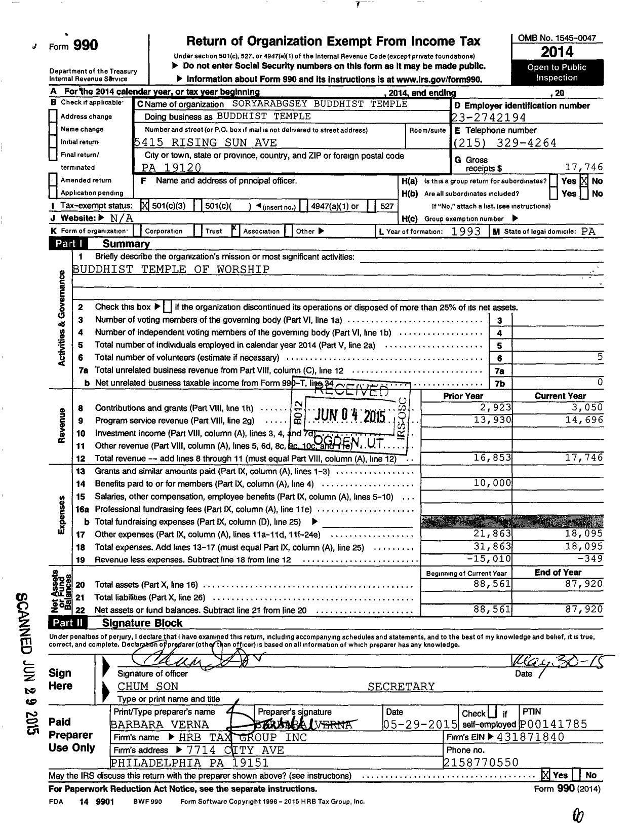 Image of first page of 2014 Form 990 for Soryarangsey Buddhist Temple