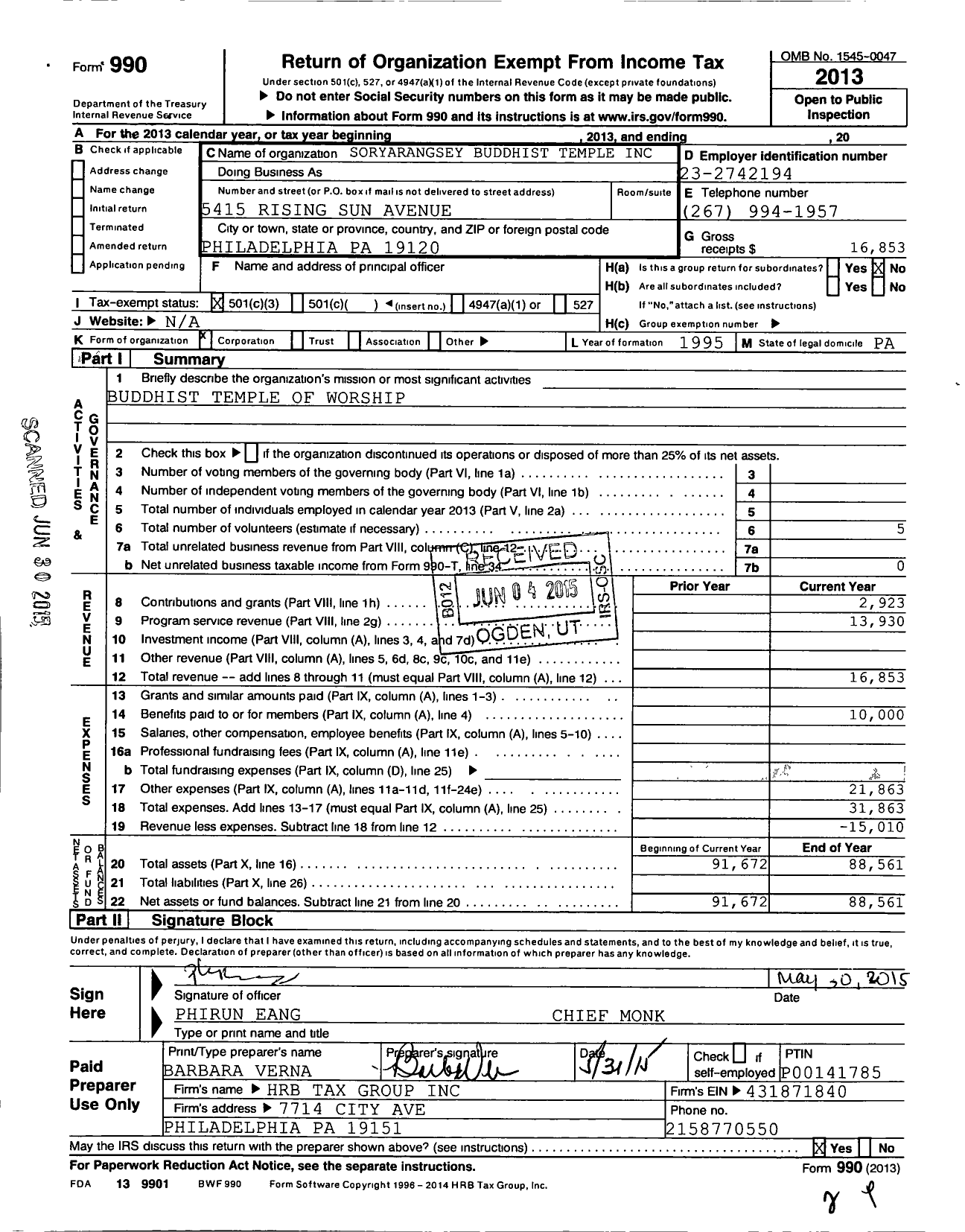 Image of first page of 2013 Form 990 for Soryarangsey Buddhist Temple