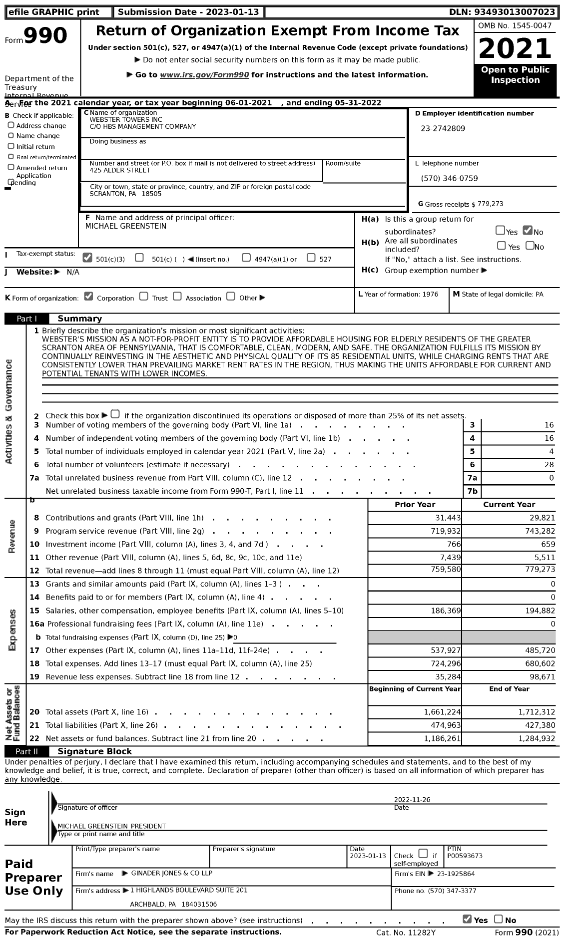 Image of first page of 2021 Form 990 for Webster Towers