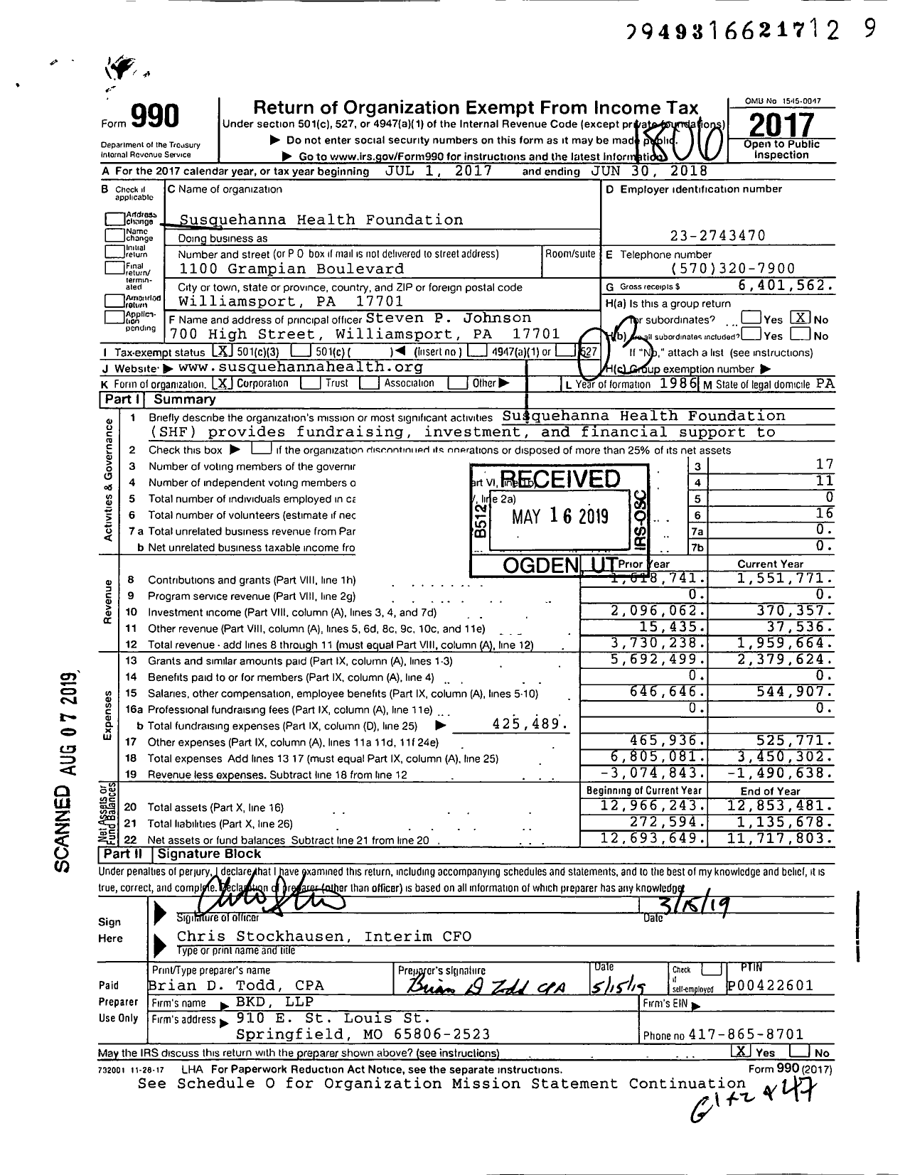 Image of first page of 2017 Form 990 for Susquehanna Health Foundation