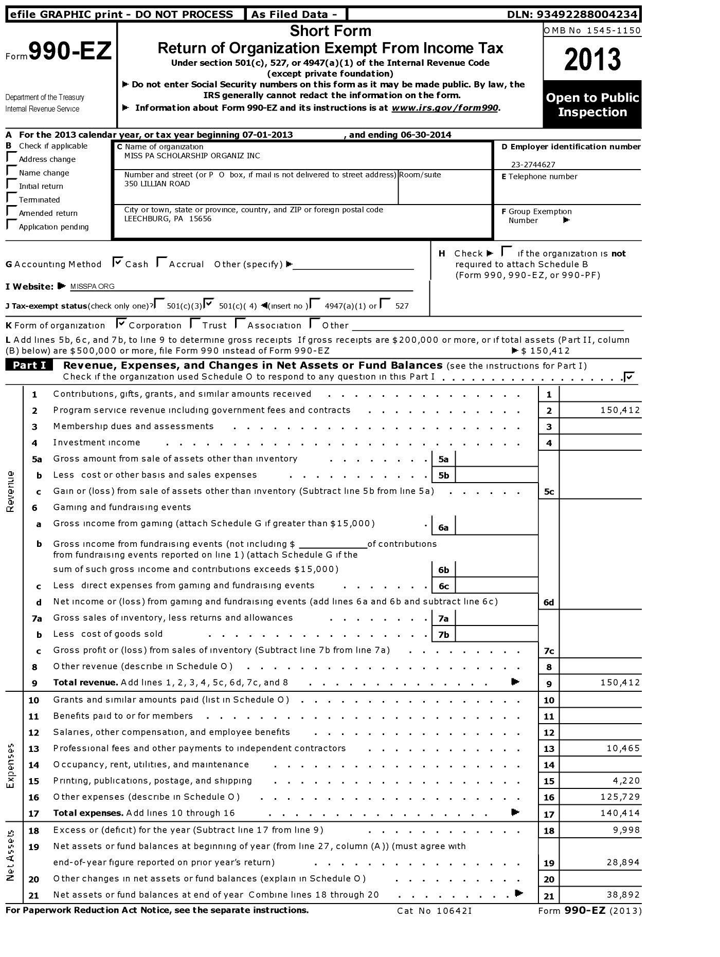 Image of first page of 2013 Form 990EO for Miss Pa Scholarship Organiz