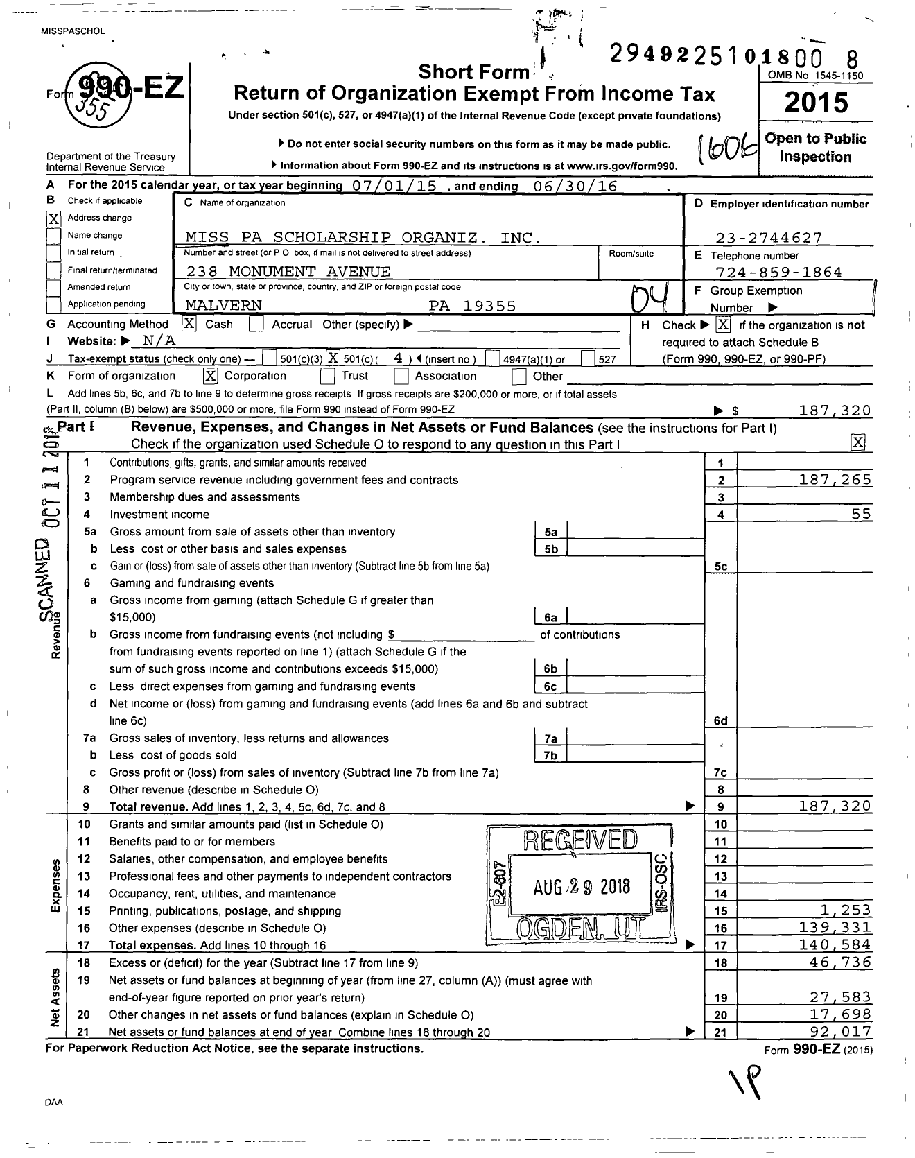 Image of first page of 2015 Form 990EO for Miss Pa Scholarship Organiz