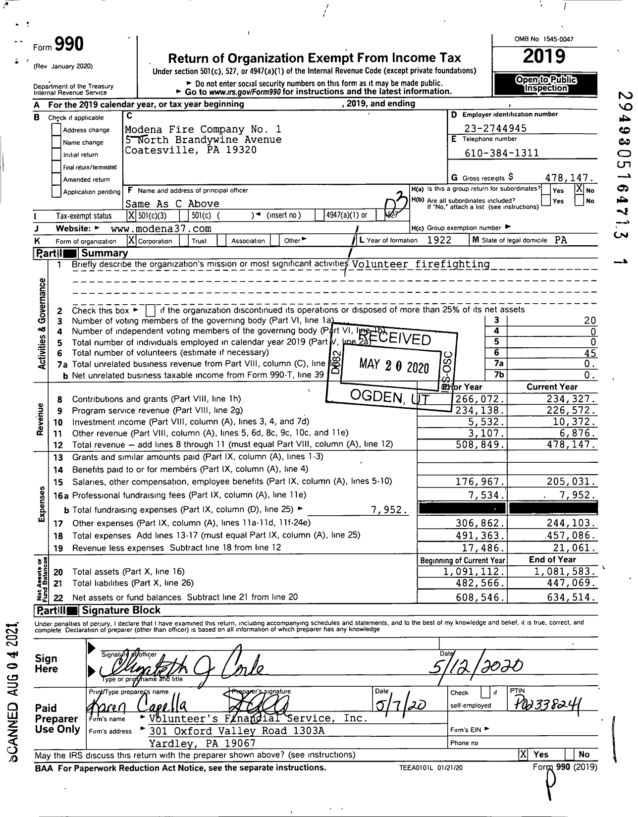 Image of first page of 2019 Form 990 for Modena Fire Company No 1