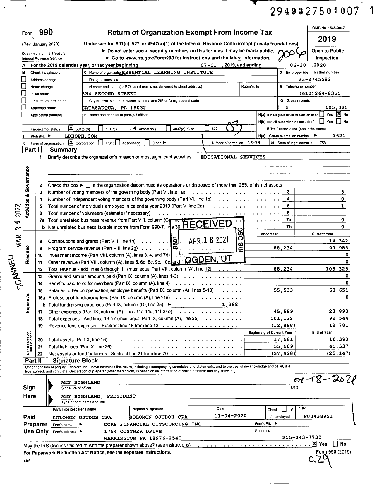 Image of first page of 2019 Form 990 for Essential Learning Institute