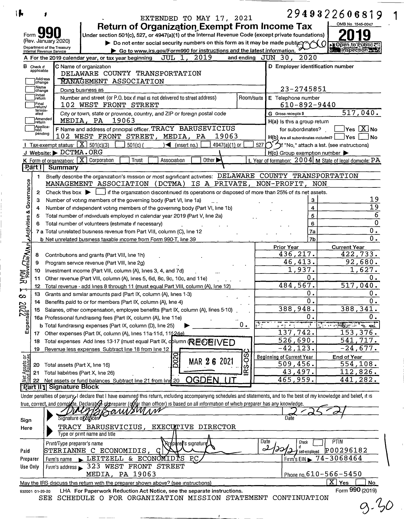 Image of first page of 2019 Form 990 for Delaware County Transportation Management Association