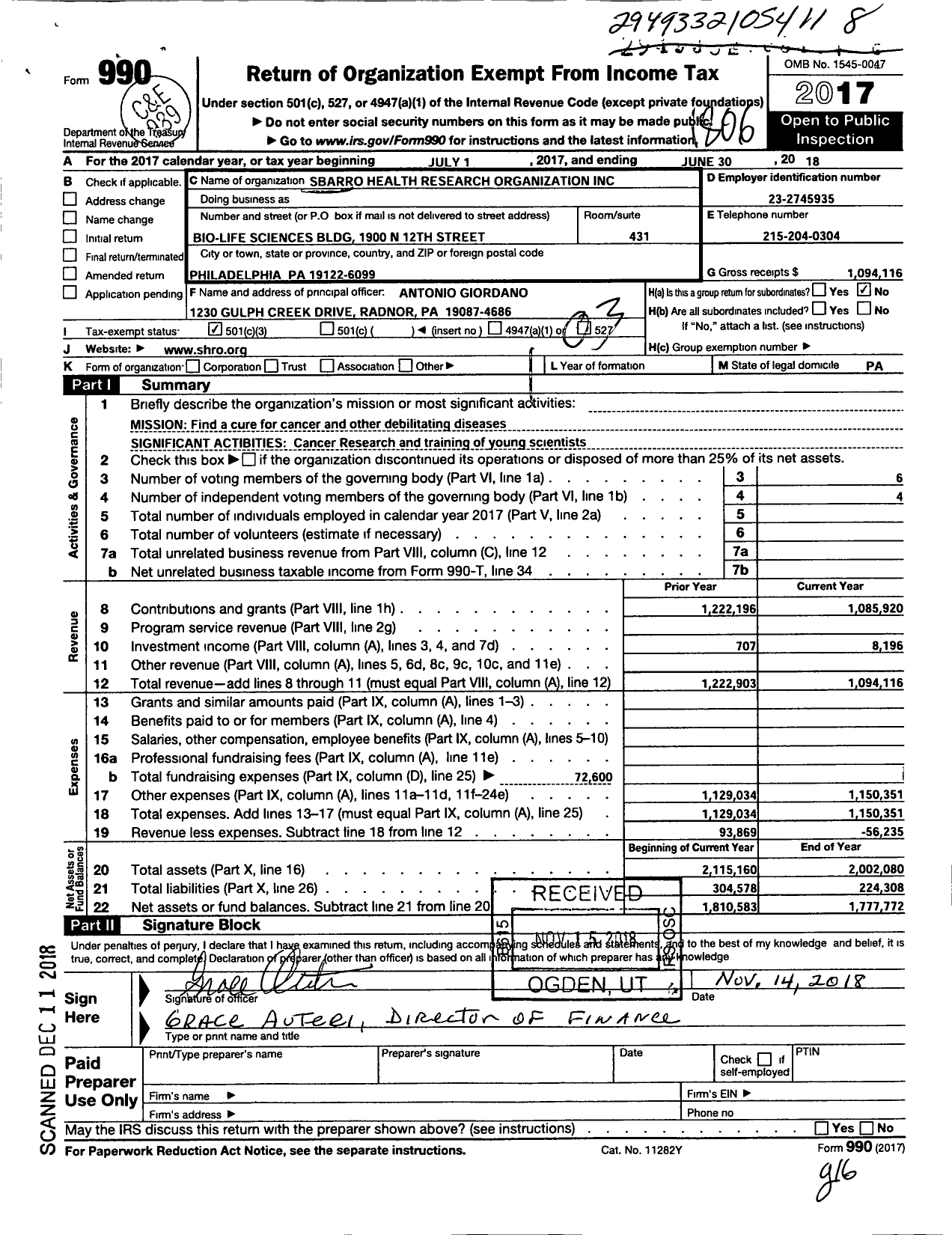 Image of first page of 2017 Form 990 for Sbarro Health Research Organization