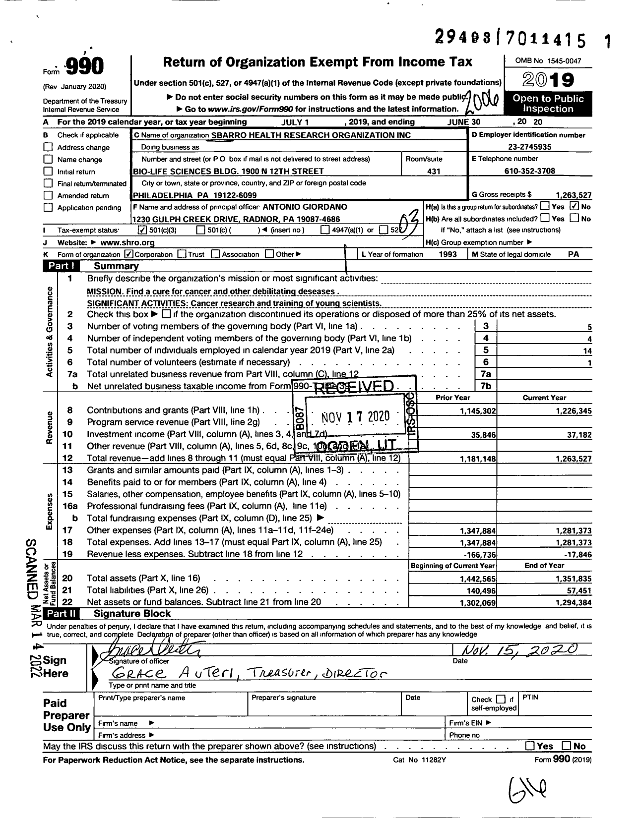Image of first page of 2019 Form 990 for Sbarro Health Research Organization