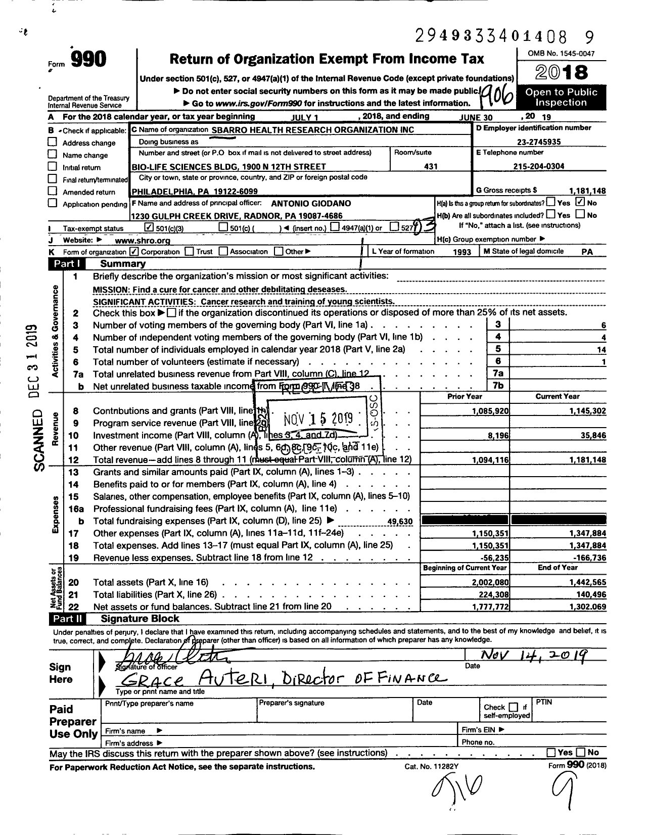 Image of first page of 2018 Form 990 for Sbarro Health Research Organization