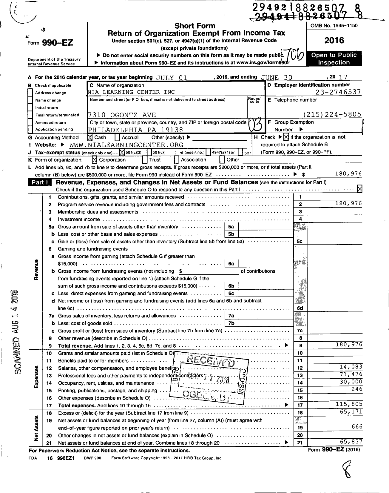 Image of first page of 2016 Form 990EZ for Nia Learning Center