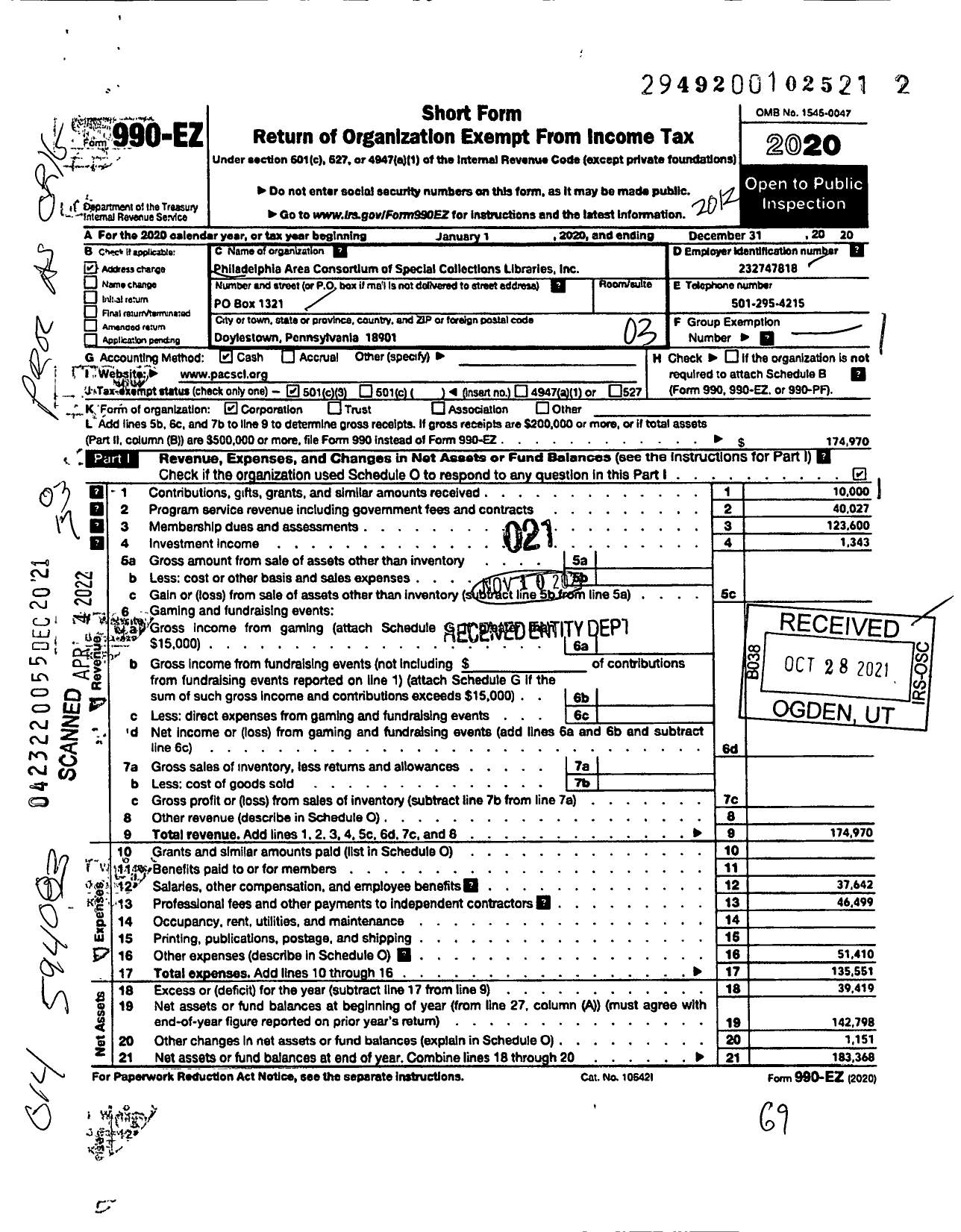 Image of first page of 2020 Form 990EZ for Philadelphia Area Consortium of Special Collections Libraries (PACSCL)