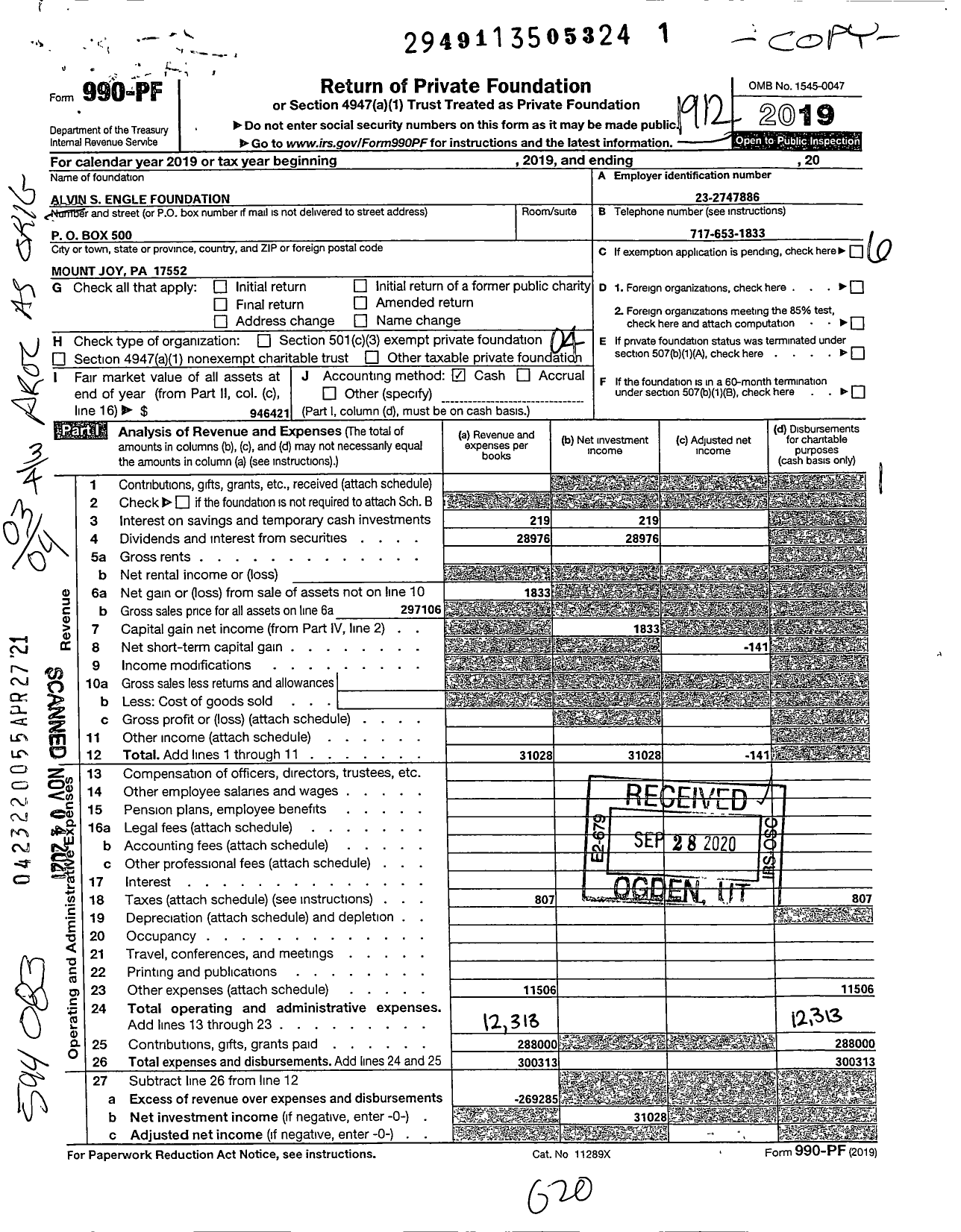 Image of first page of 2019 Form 990PF for Alvin S Engle Foundation