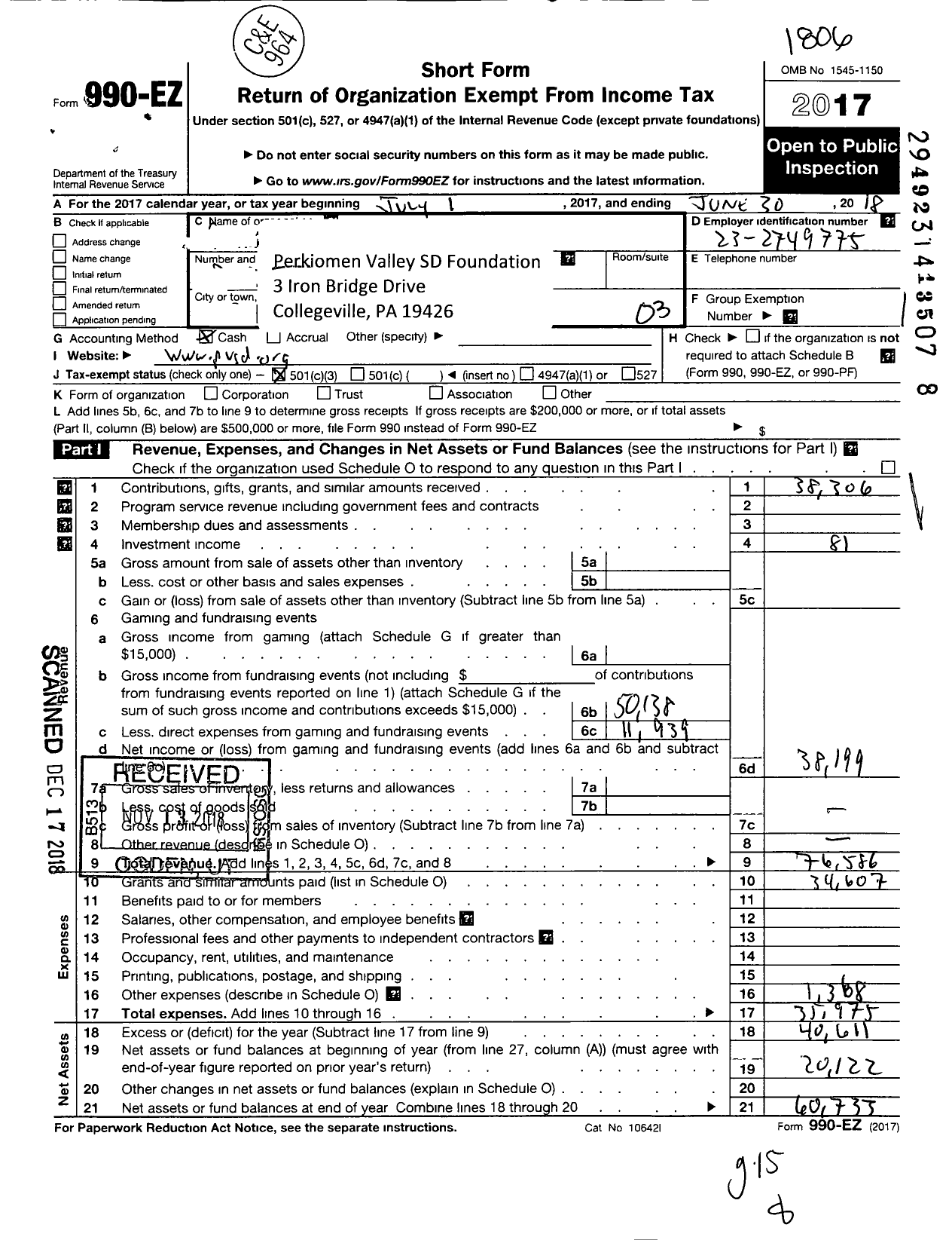 Image of first page of 2017 Form 990 for Perkiomen Valley School District Foundation