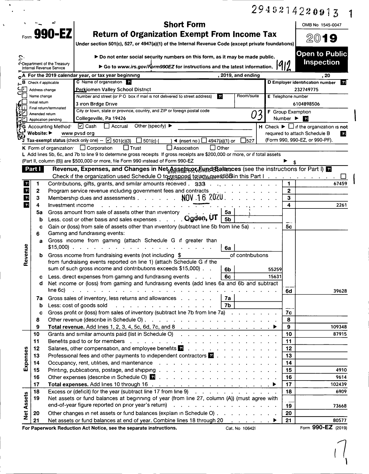 Image of first page of 2019 Form 990EZ for Perkiomen Valley School District Foundation