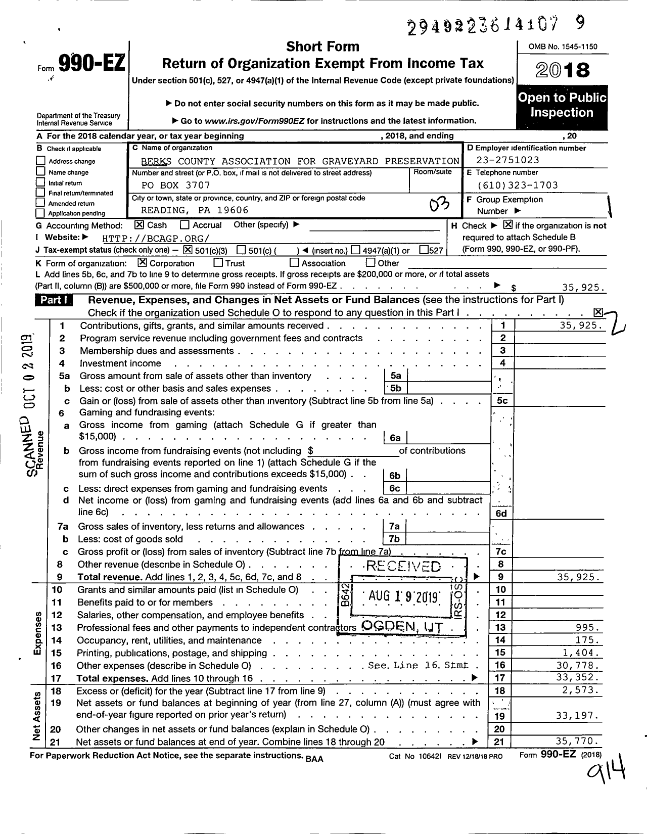 Image of first page of 2018 Form 990EZ for Berks County Association for Graveyard Preservation