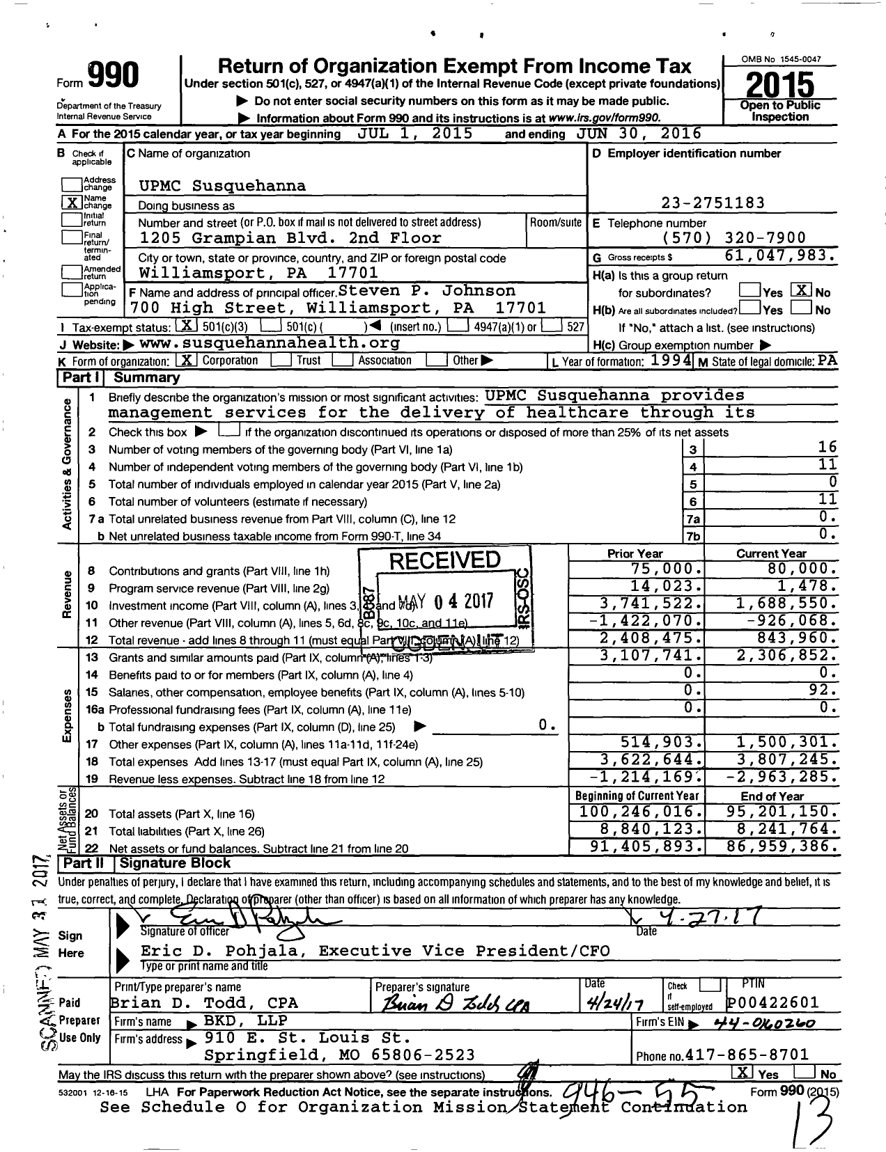 Image of first page of 2015 Form 990 for UPMC Susquehanna