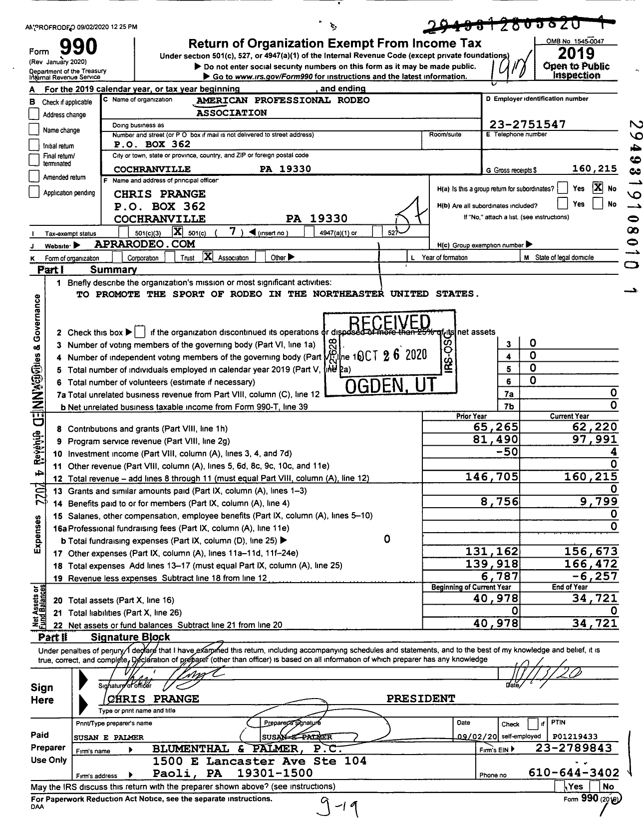 Image of first page of 2019 Form 990O for American Professional Rodeo Association