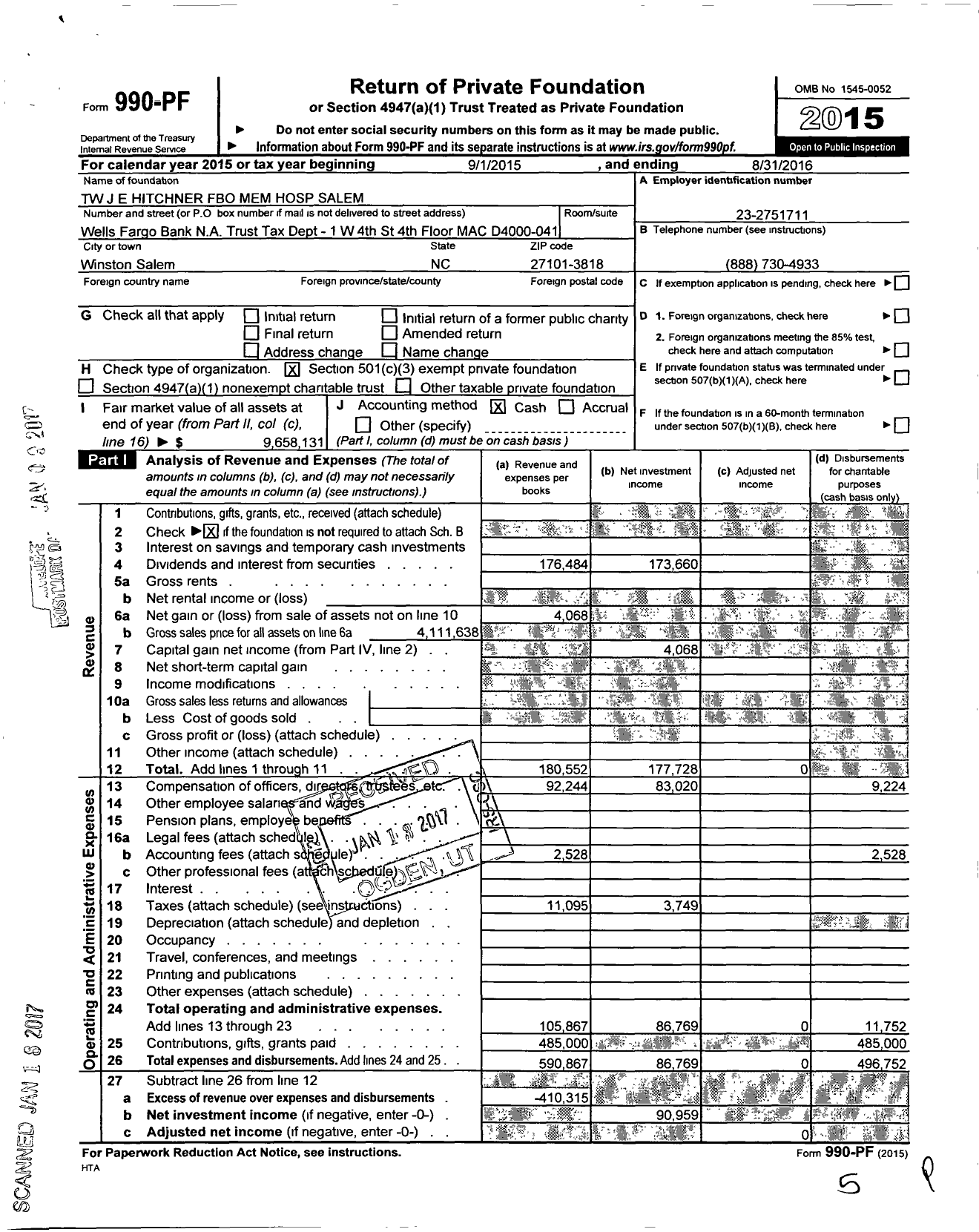 Image of first page of 2015 Form 990PF for TW J E Hitchner Fbo Memorial Hospital Salem