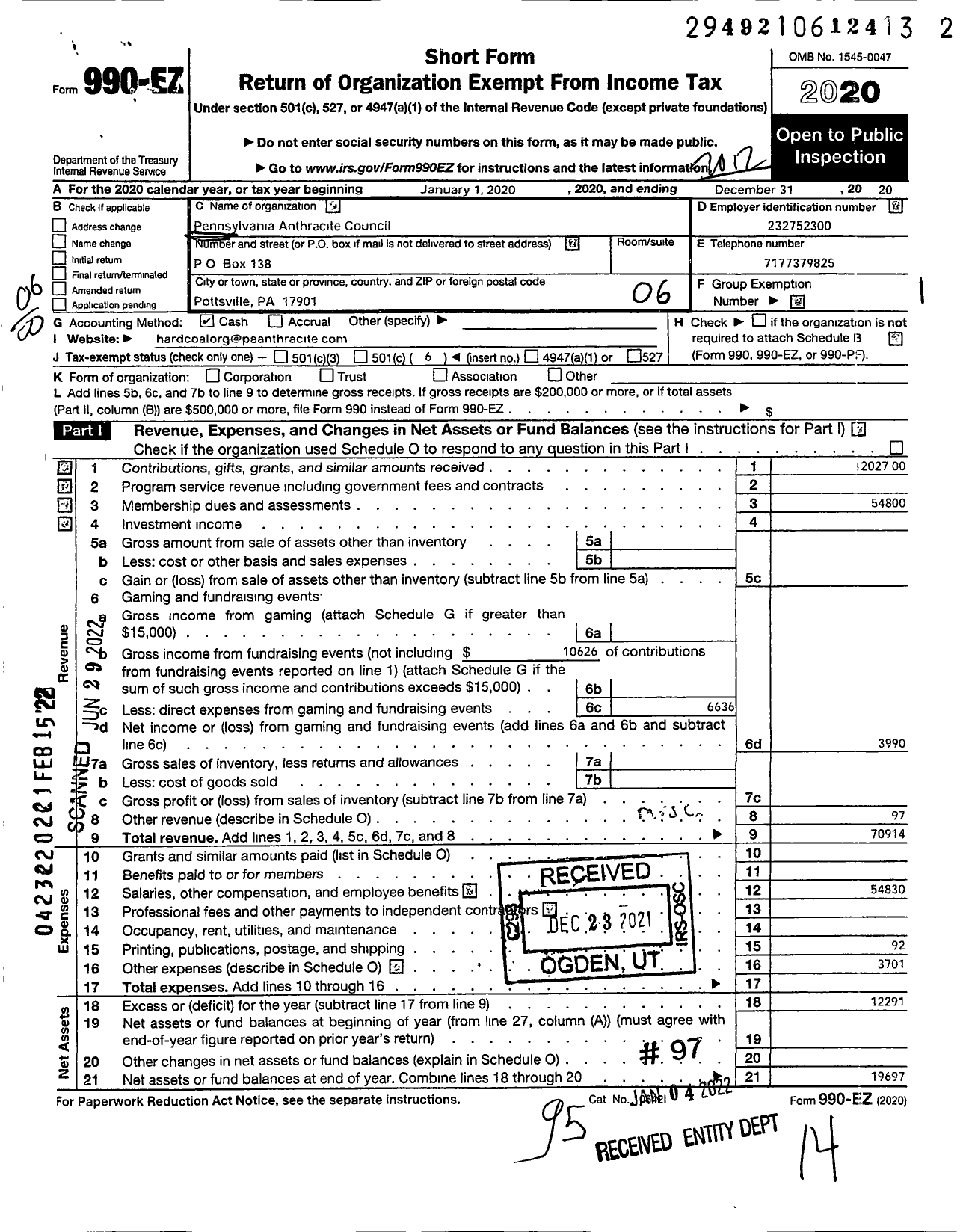 Image of first page of 2020 Form 990EO for Pennsylvania Anthracite Council