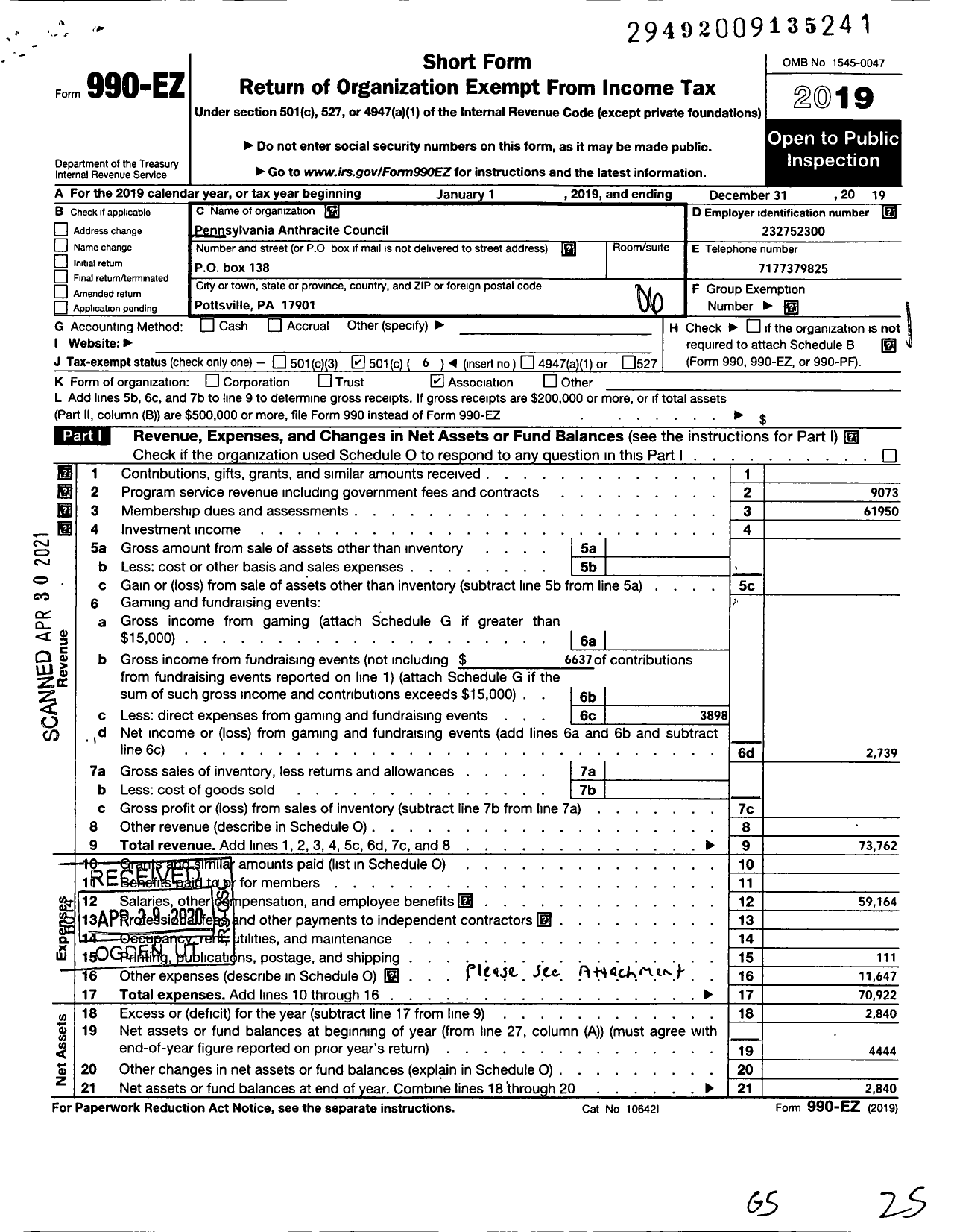 Image of first page of 2019 Form 990EO for Pennsylvania Anthracite Council