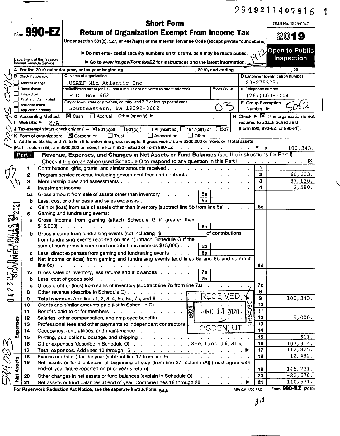 Image of first page of 2019 Form 990EZ for USATF TRACK & FIELD Inc USATF Mid-Atlantic