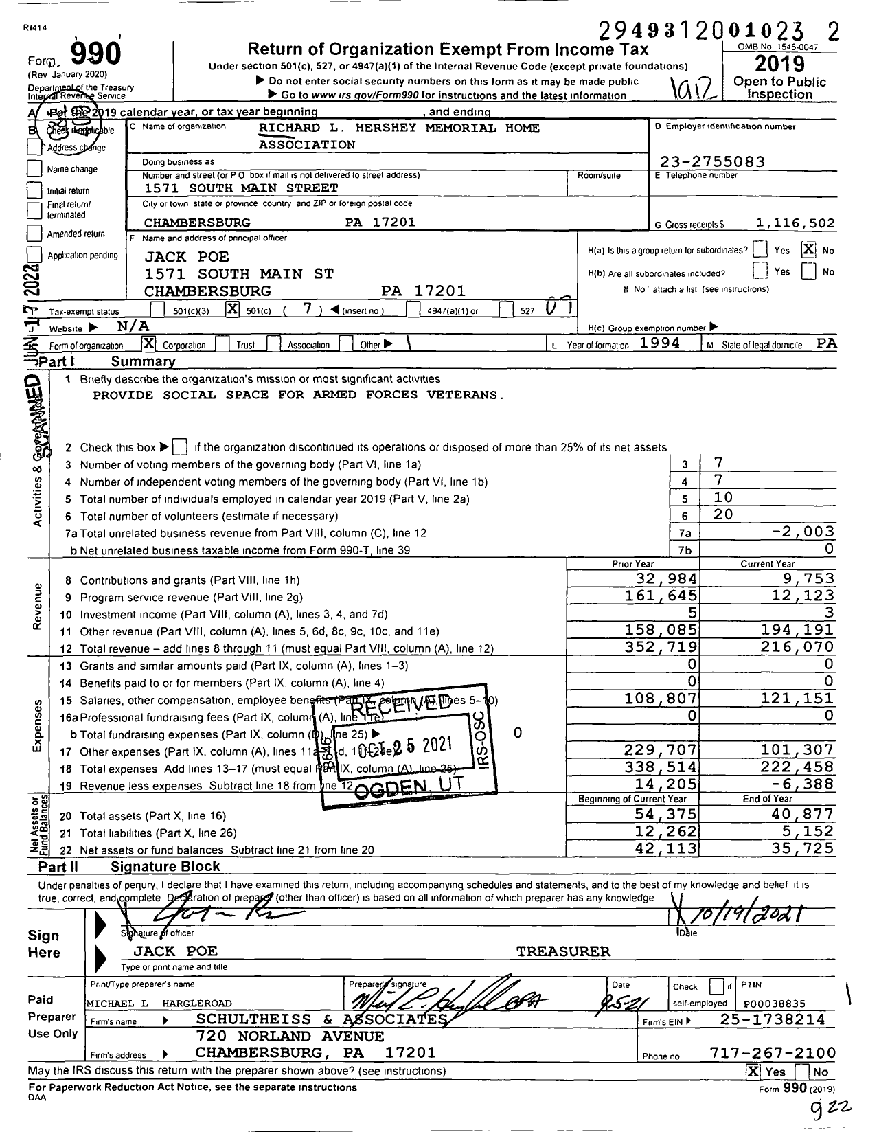 Image of first page of 2019 Form 990O for Richard L Hershey Memorial Home Association