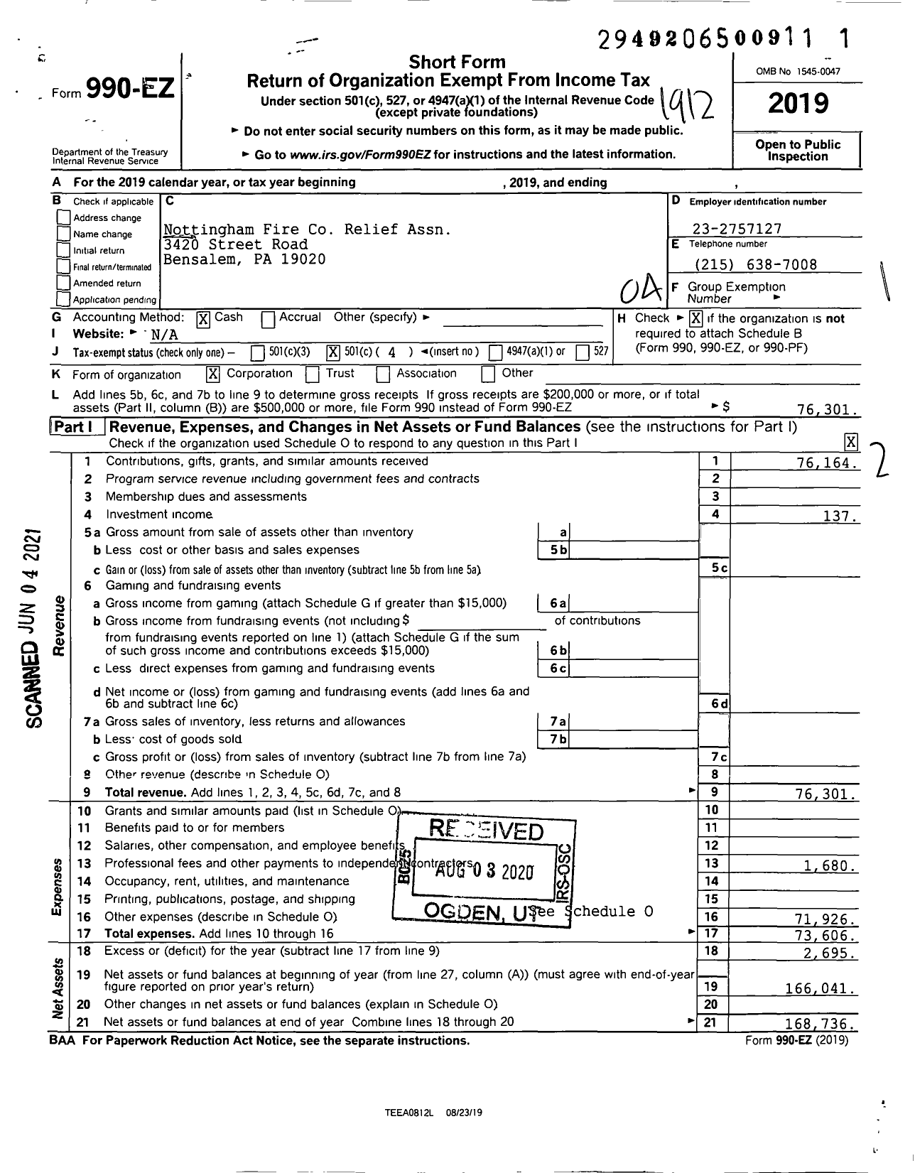 Image of first page of 2019 Form 990EO for Nottingham Fire Co Relief Assn