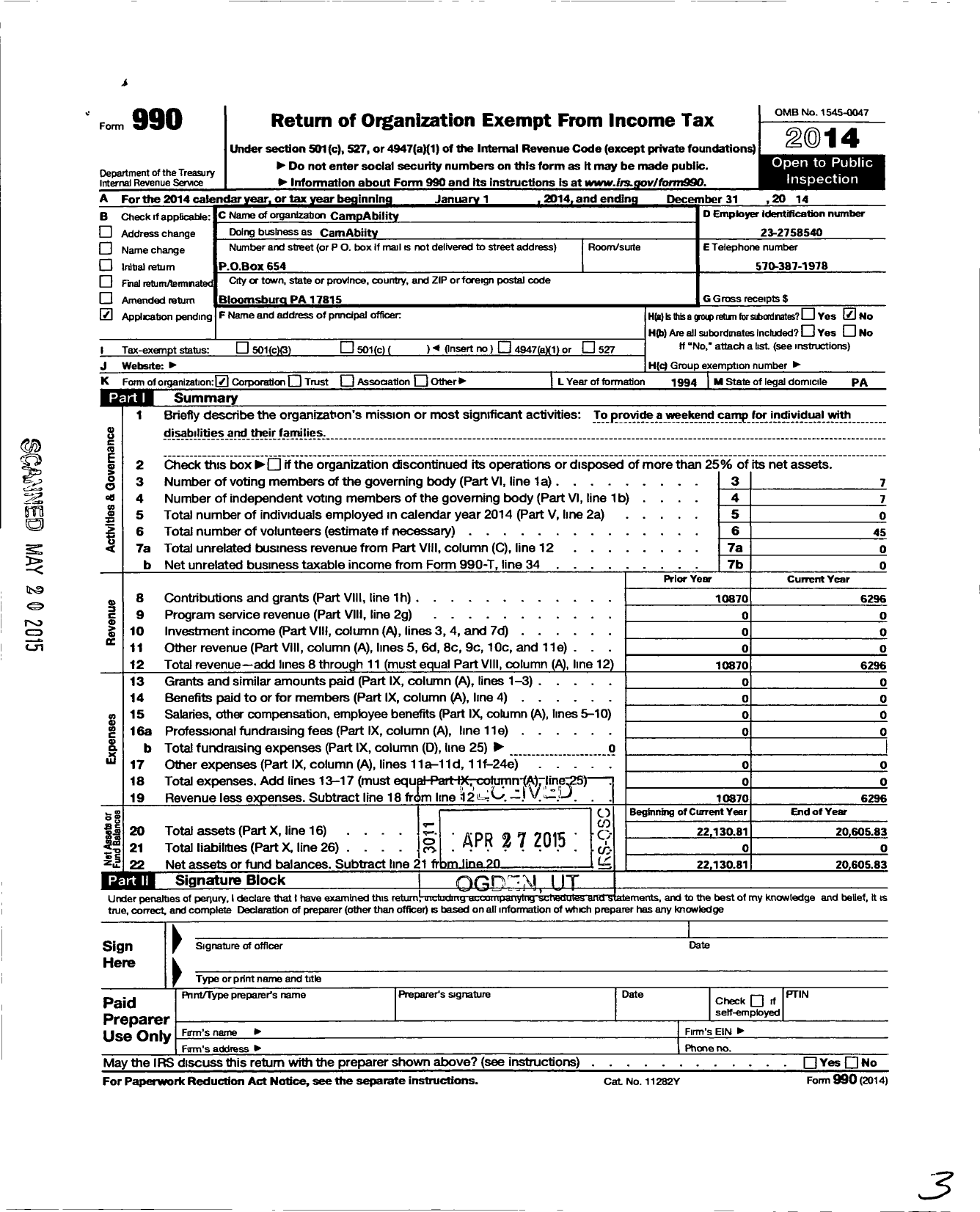 Image of first page of 2014 Form 990O for Campability