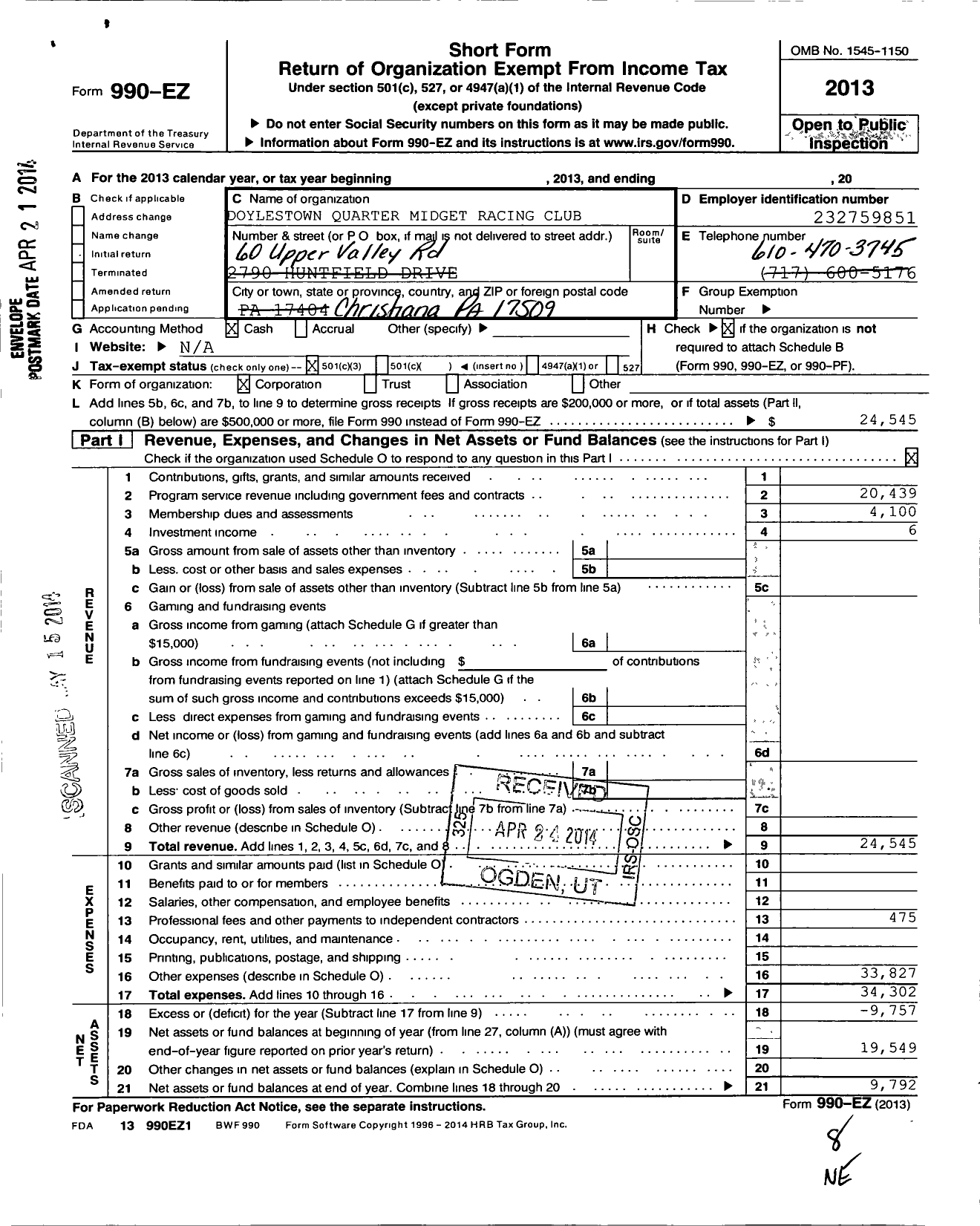 Image of first page of 2013 Form 990EZ for Doylestown Quarter Midget Racing Club