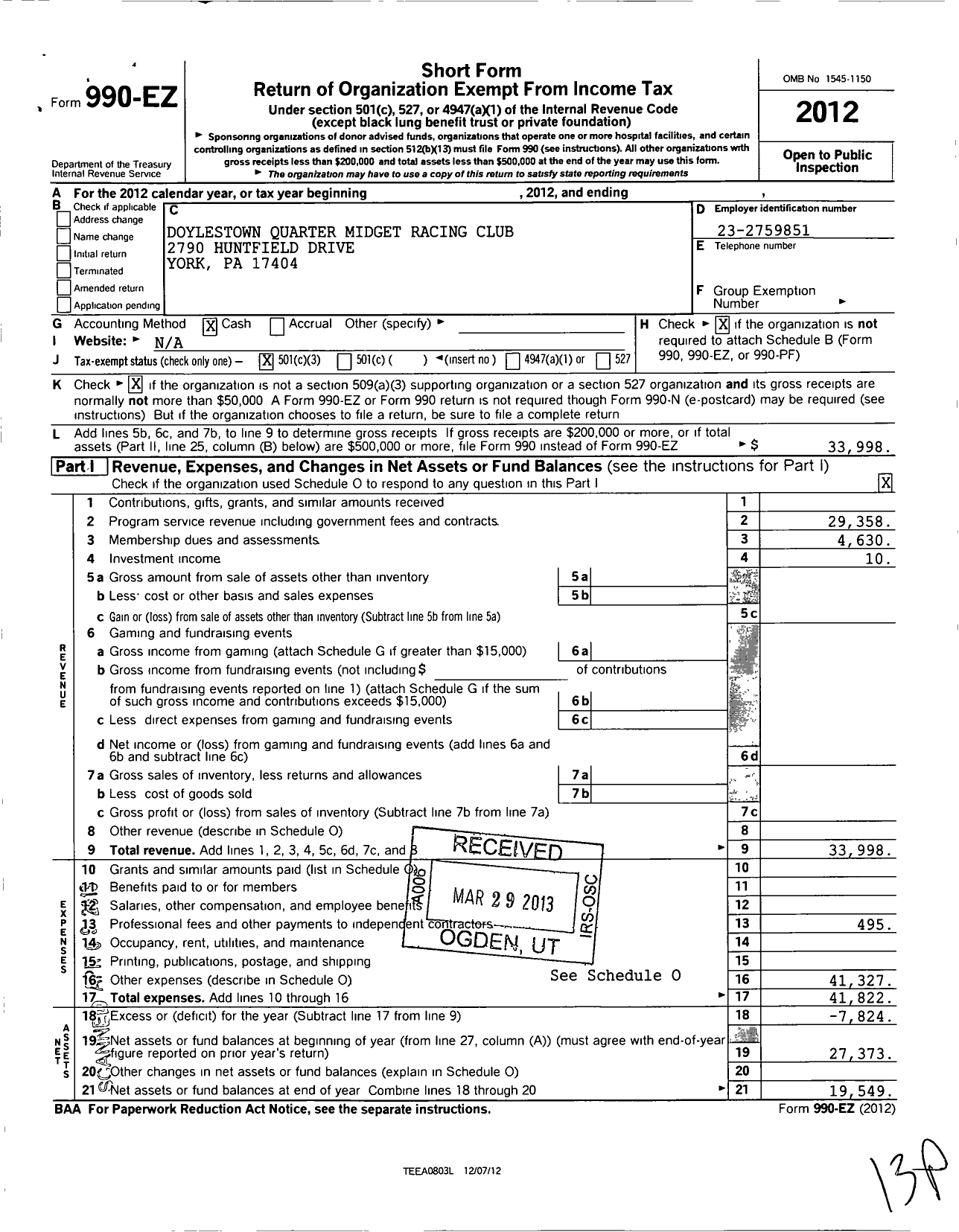 Image of first page of 2012 Form 990EZ for Doylestown Quarter Midget Racing Club