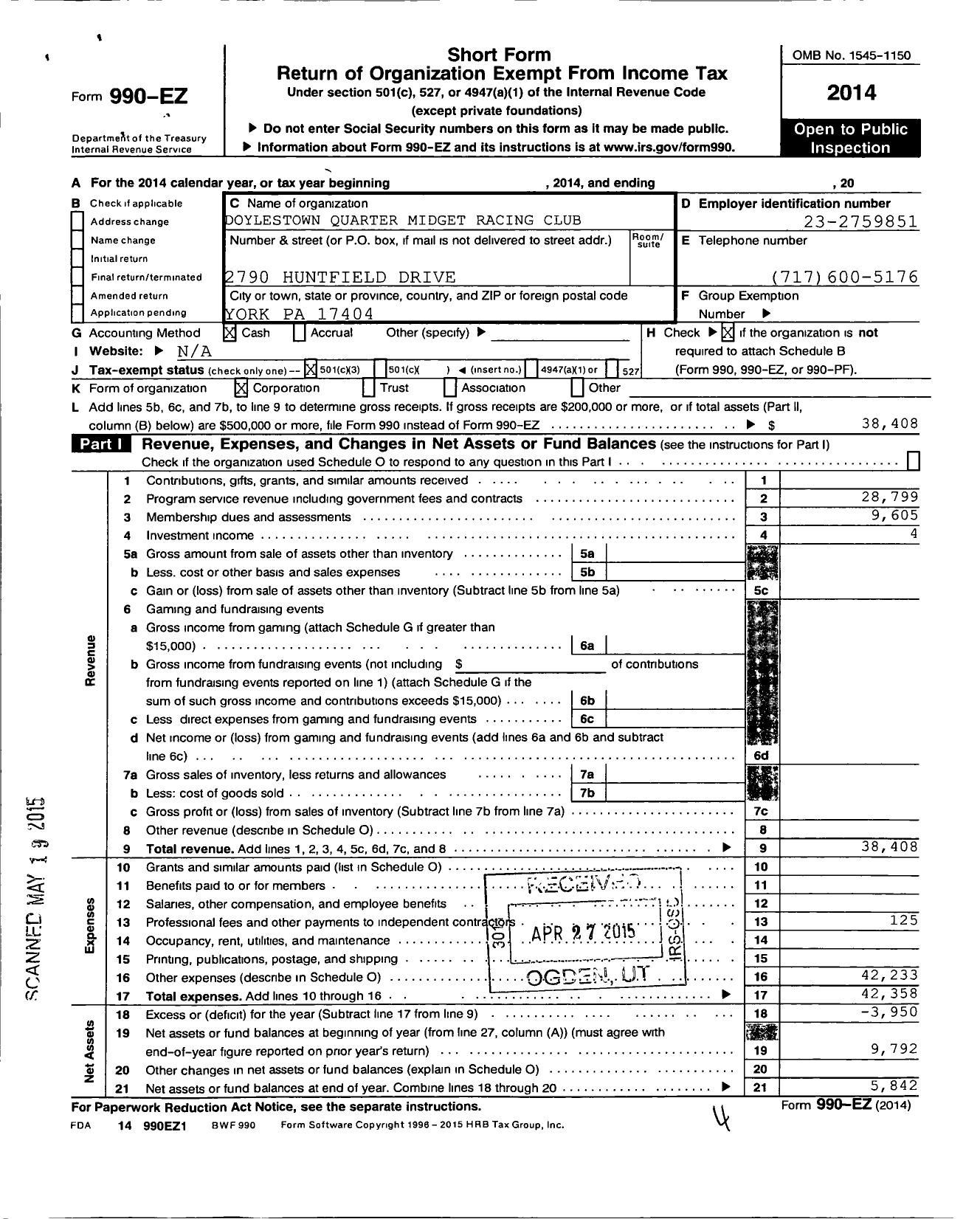 Image of first page of 2014 Form 990EZ for Doylestown Quarter Midget Racing Club