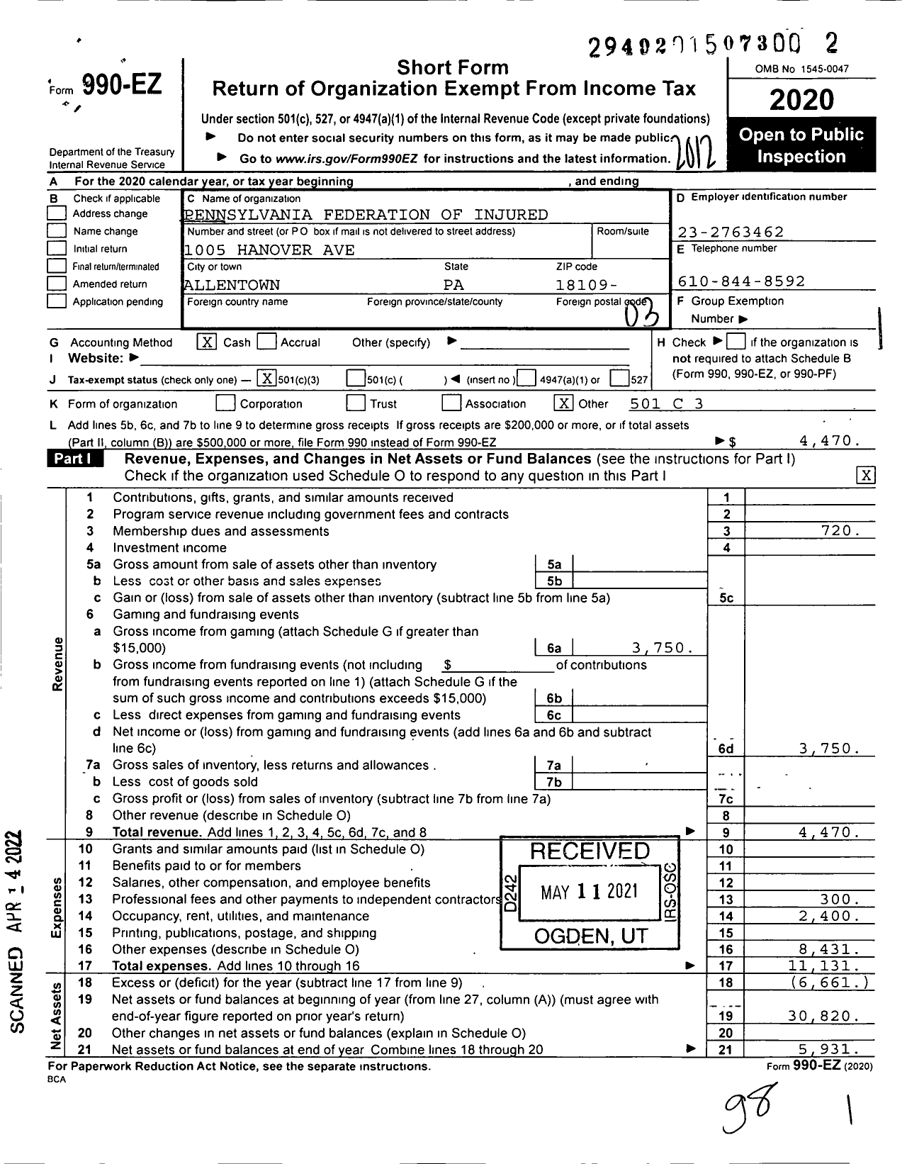 Image of first page of 2020 Form 990EZ for Pennsylvania Federation of Injured