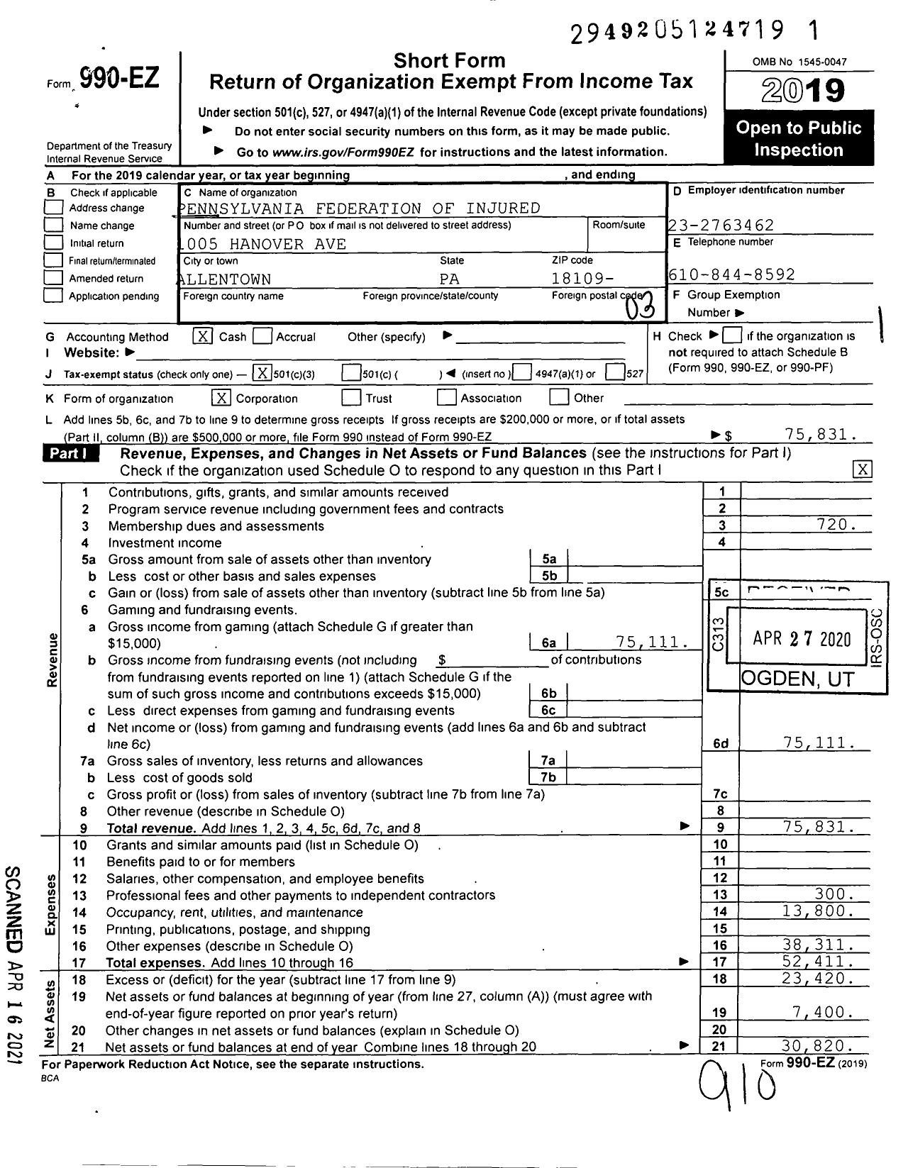 Image of first page of 2019 Form 990EZ for Pennsylvania Federation of Injured