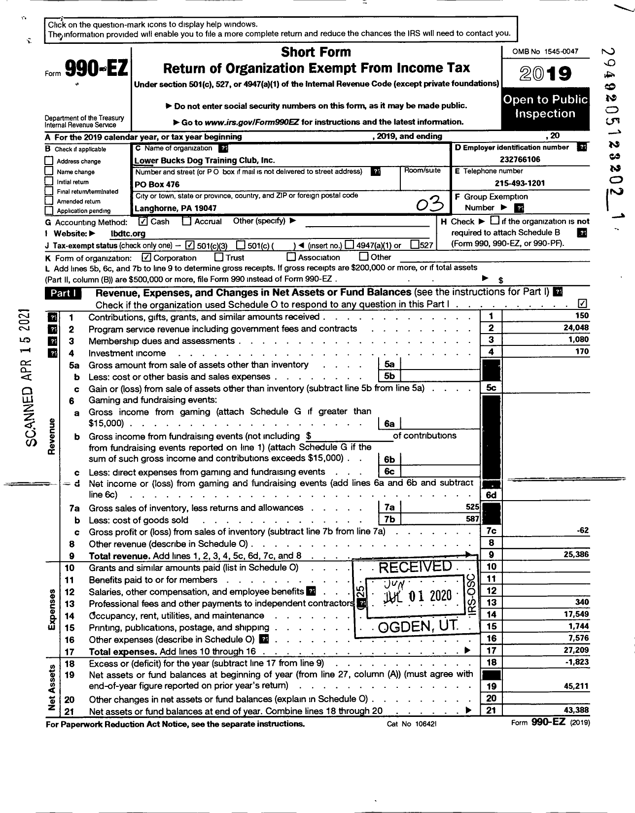 Image of first page of 2019 Form 990EZ for Lower Bucks Dog Training Club