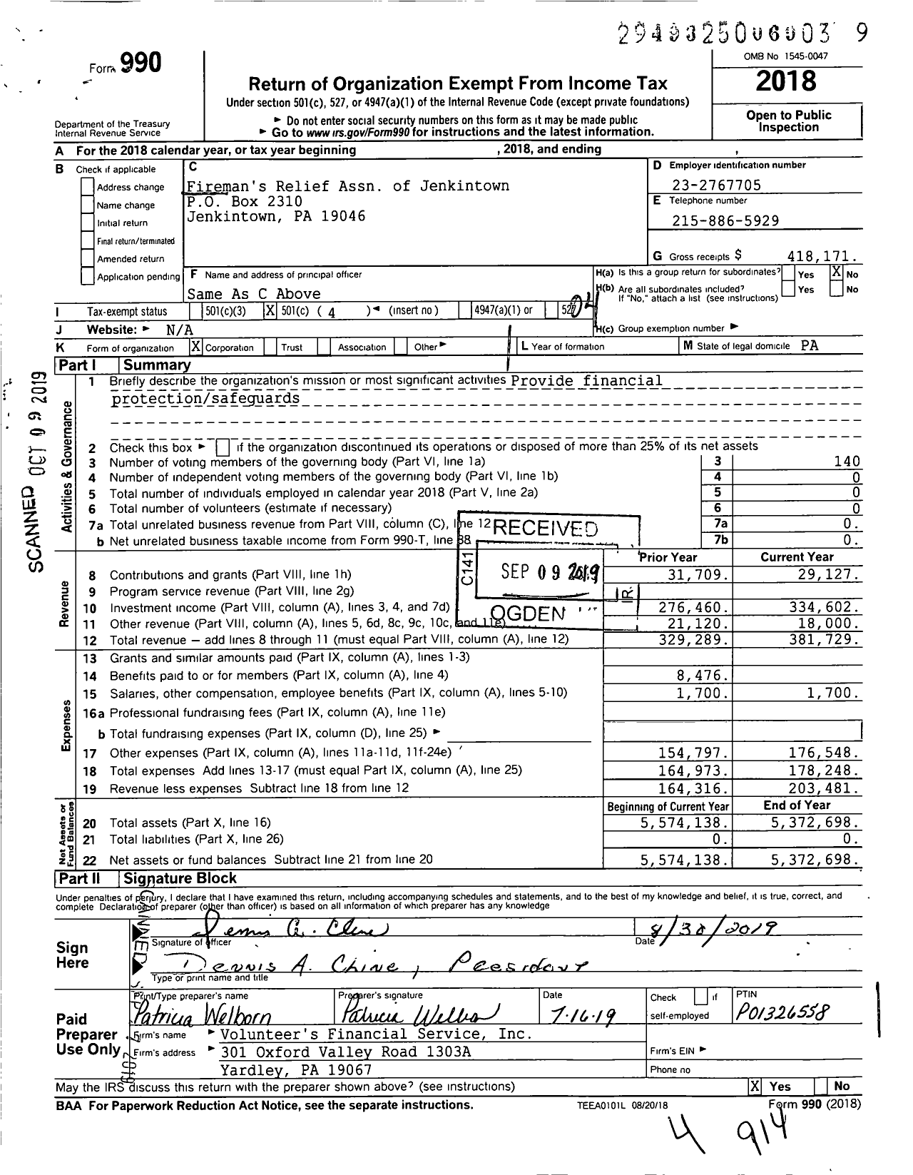 Image of first page of 2018 Form 990O for Firemans Relief Assn of Jenkintown