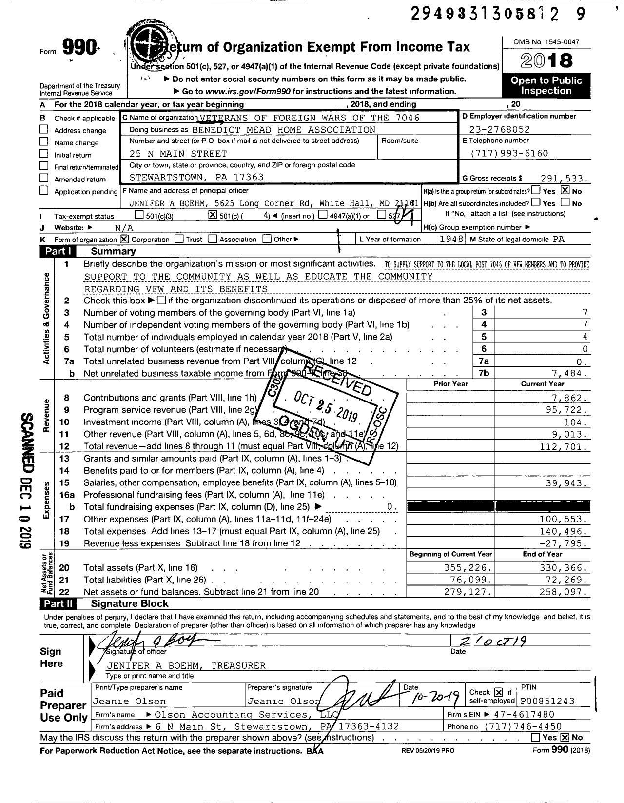 Image of first page of 2018 Form 990O for VFW Department of Pennsylvania - Benedict Mead Home Association