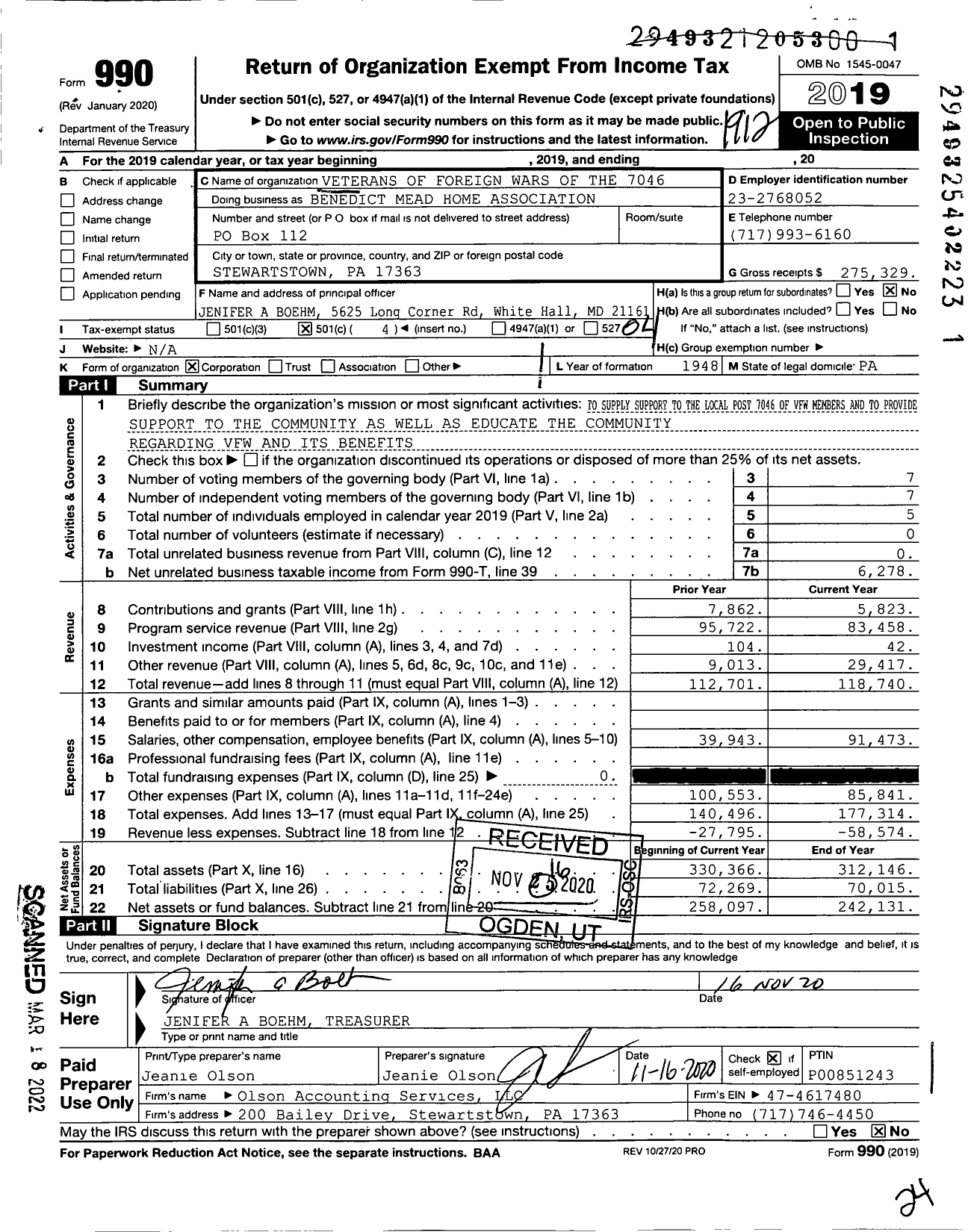 Image of first page of 2019 Form 990O for VFW Department of Pennsylvania - Benedict Mead Home Association