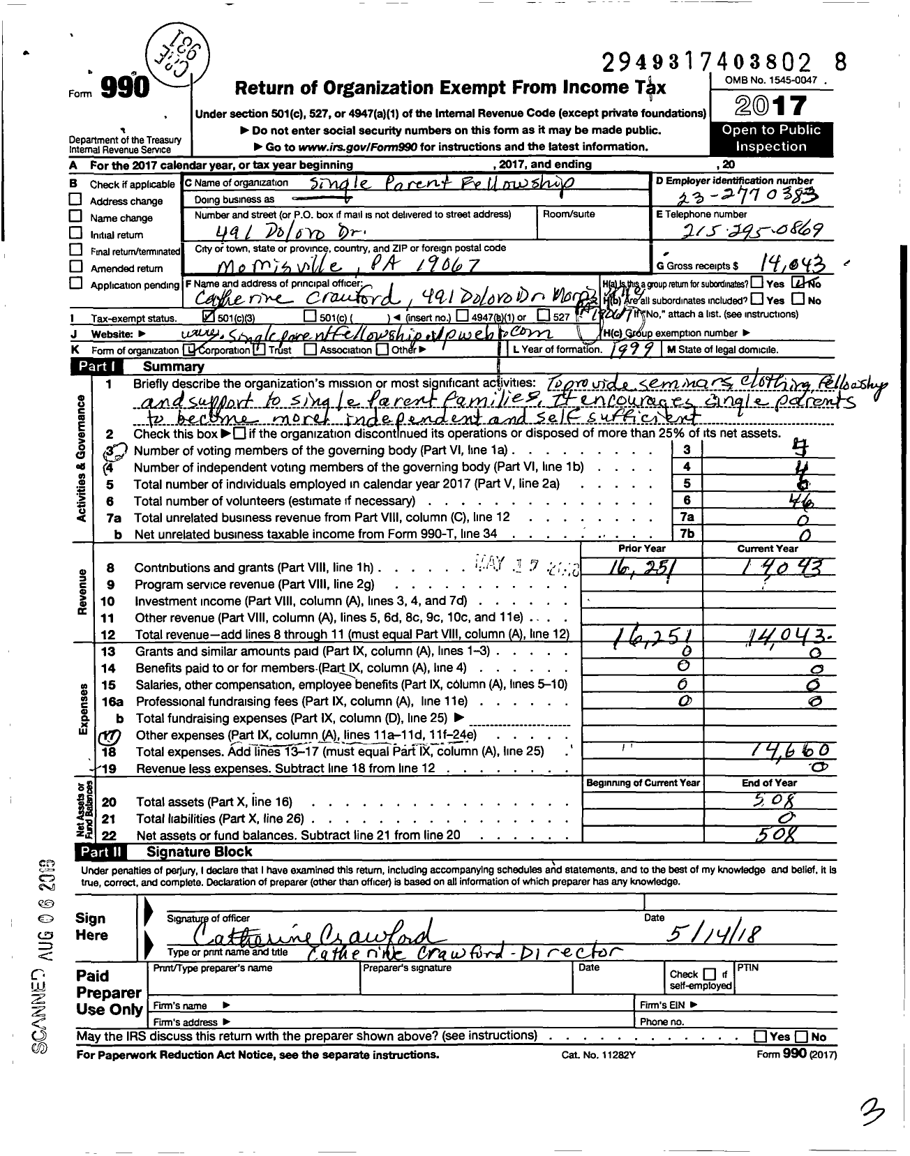 Image of first page of 2017 Form 990 for Single Parent Fellowship